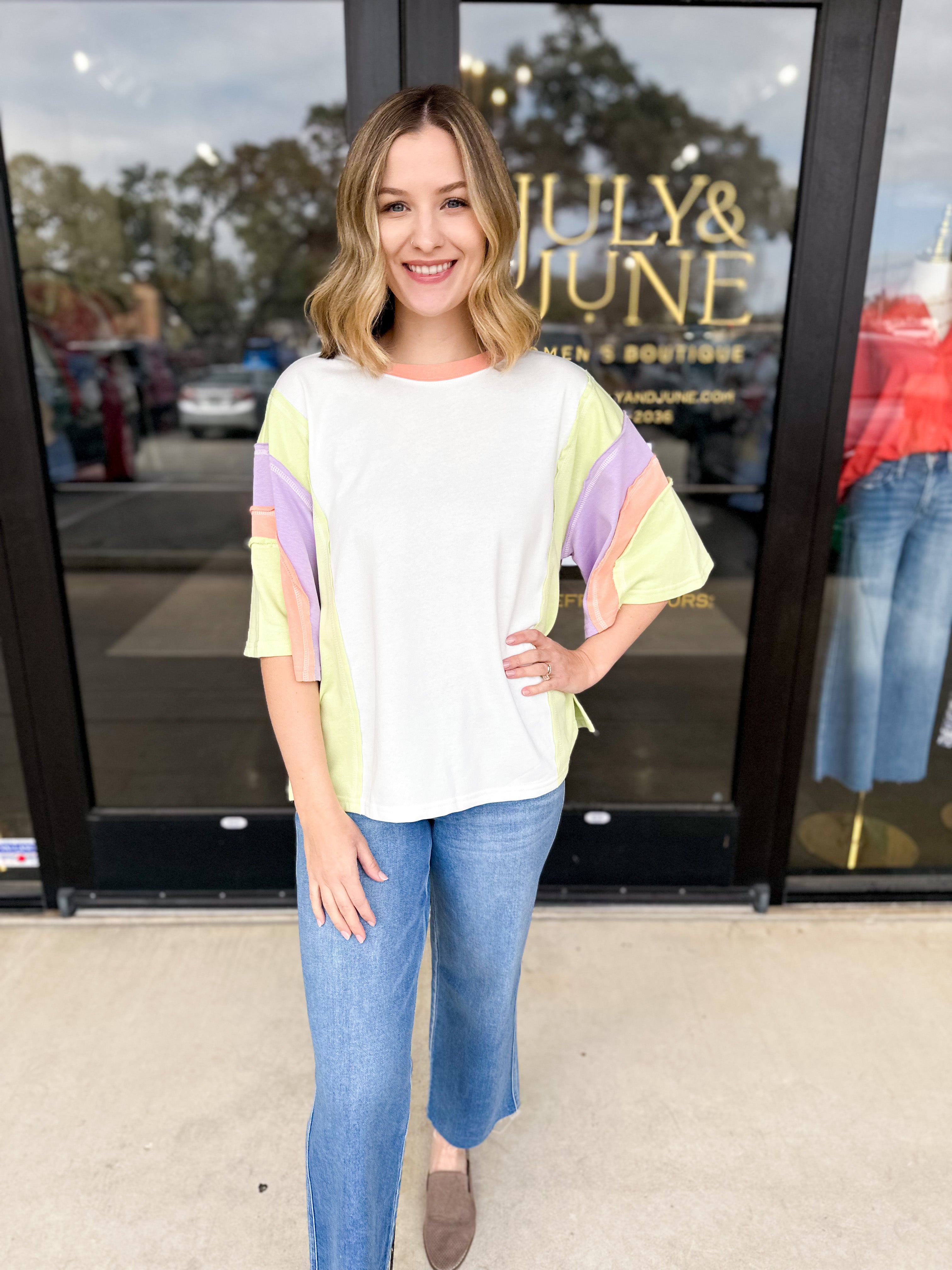 Colorblock Tee - Lime Combo-210 Casual Blouses-JODIFL-July & June Women's Fashion Boutique Located in San Antonio, Texas