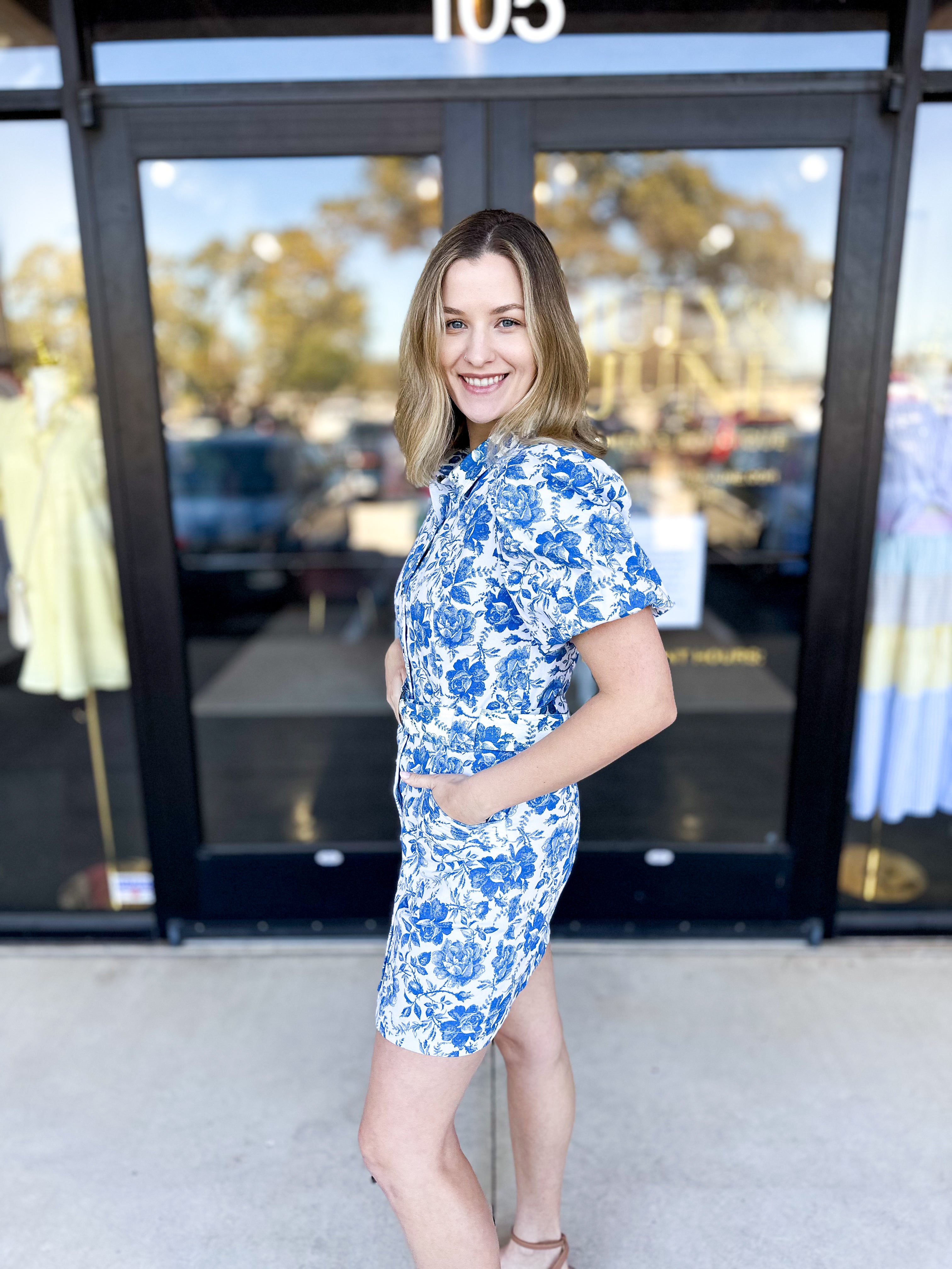 Classic Blue Floral Mini Dress-510 Mini-FATE-July & June Women's Fashion Boutique Located in San Antonio, Texas