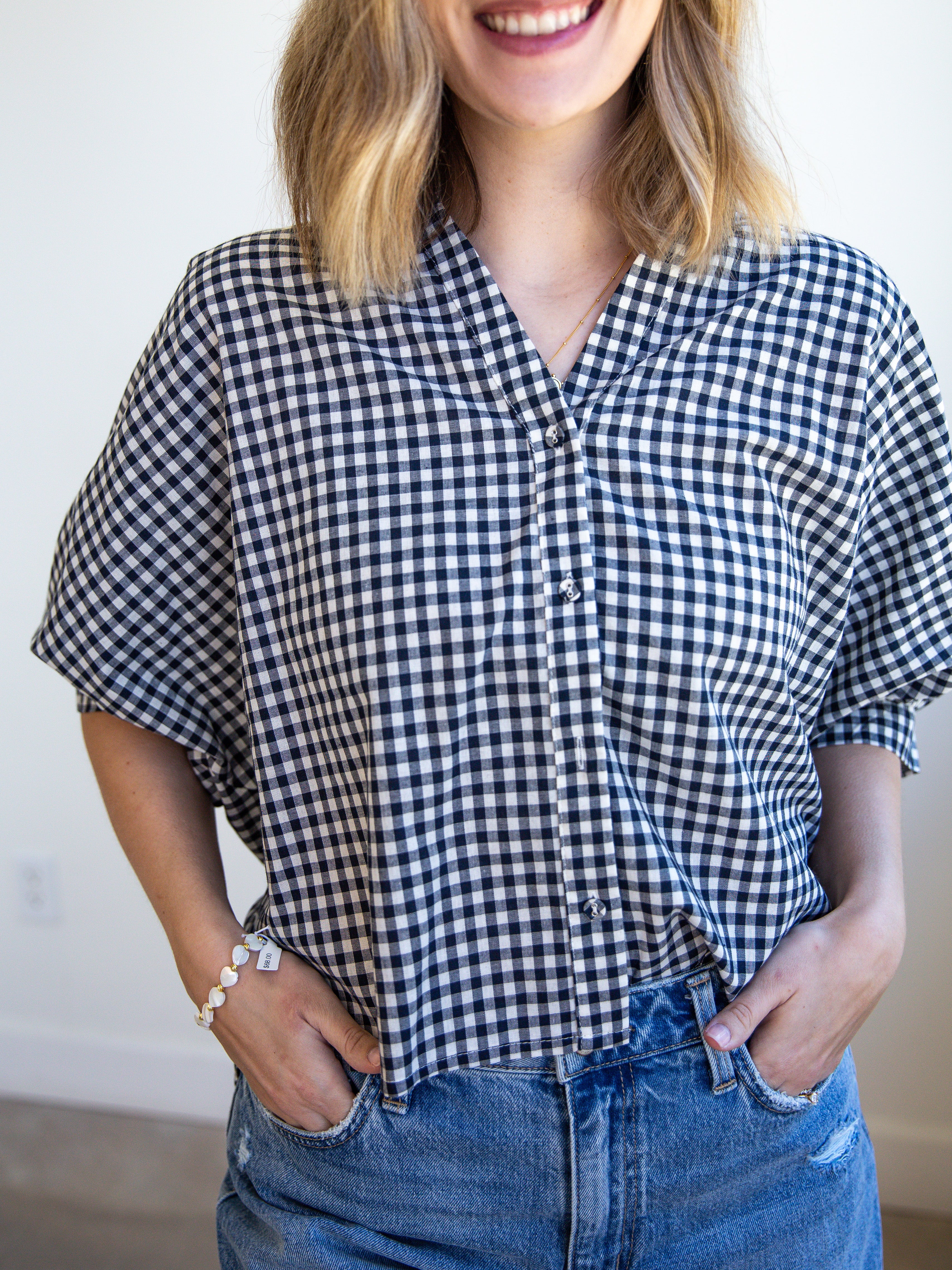 Gingham Sweetheart Blouse - Navy-200 Fashion Blouses-ALLIE ROSE-July & June Women's Fashion Boutique Located in San Antonio, Texas