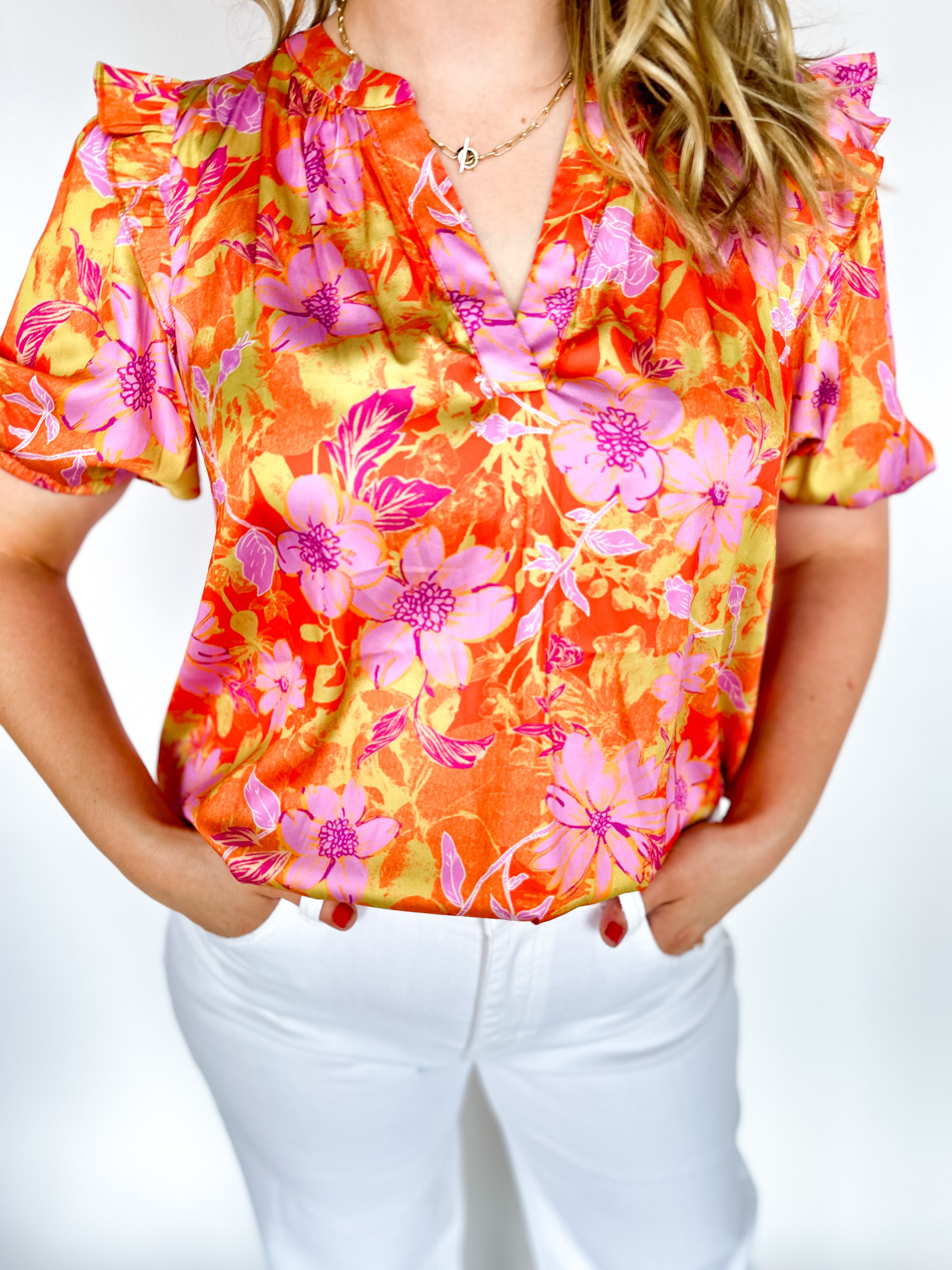 Bold Orange Floral Blouse-200 Fashion Blouses-CURRENT AIR CLOTHING-July & June Women's Fashion Boutique Located in San Antonio, Texas