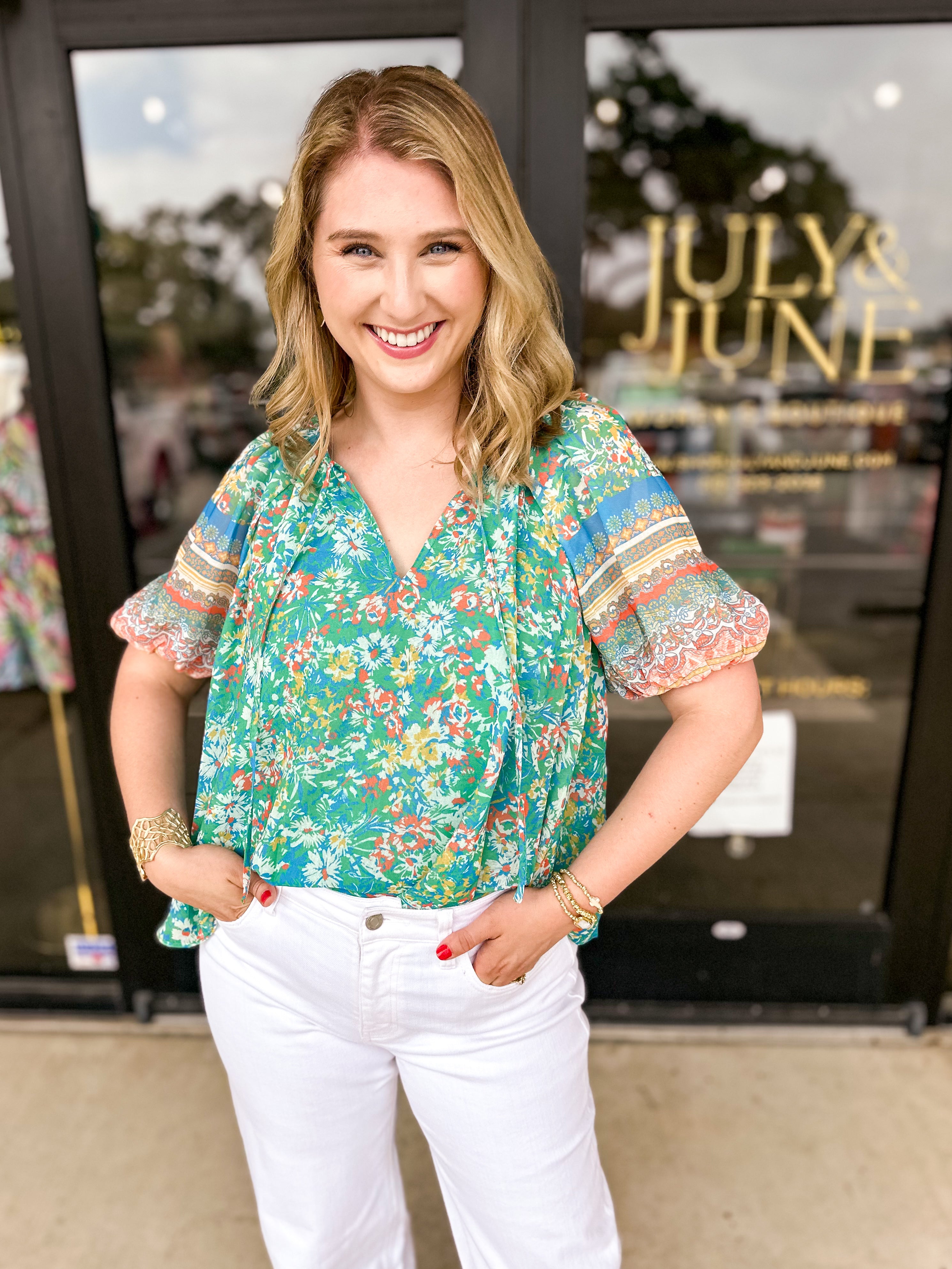 Current Air - Green Garden Floral Blouse-200 Fashion Blouses-CURRENT AIR CLOTHING-July & June Women's Fashion Boutique Located in San Antonio, Texas