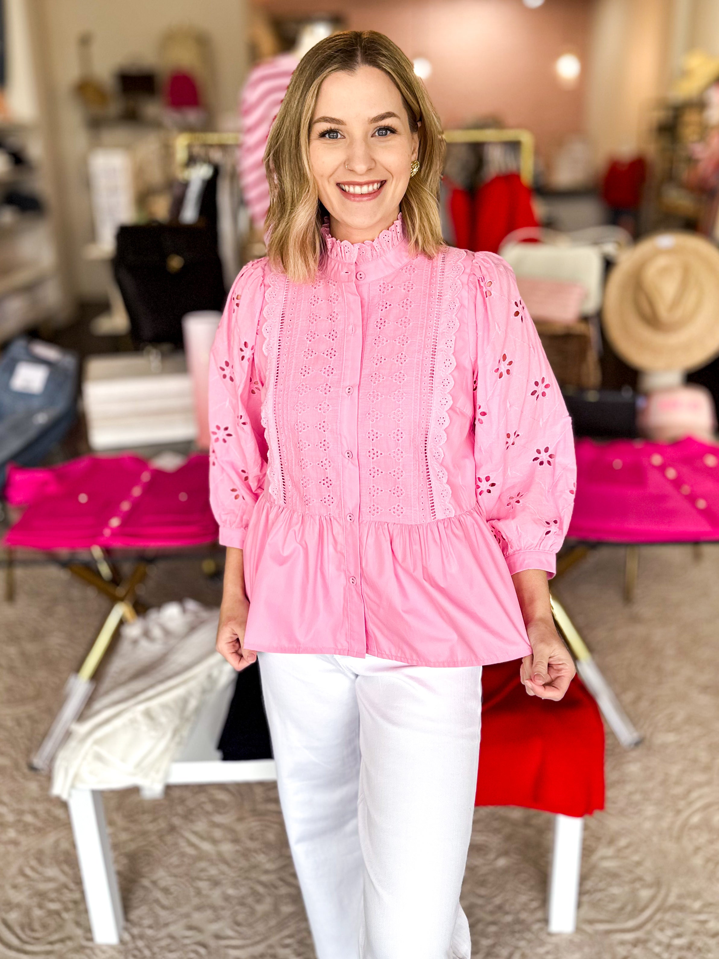 High Neck Lace Detailed Blouse - Pink-200 Fashion Blouses-ENTRO-July & June Women's Fashion Boutique Located in San Antonio, Texas