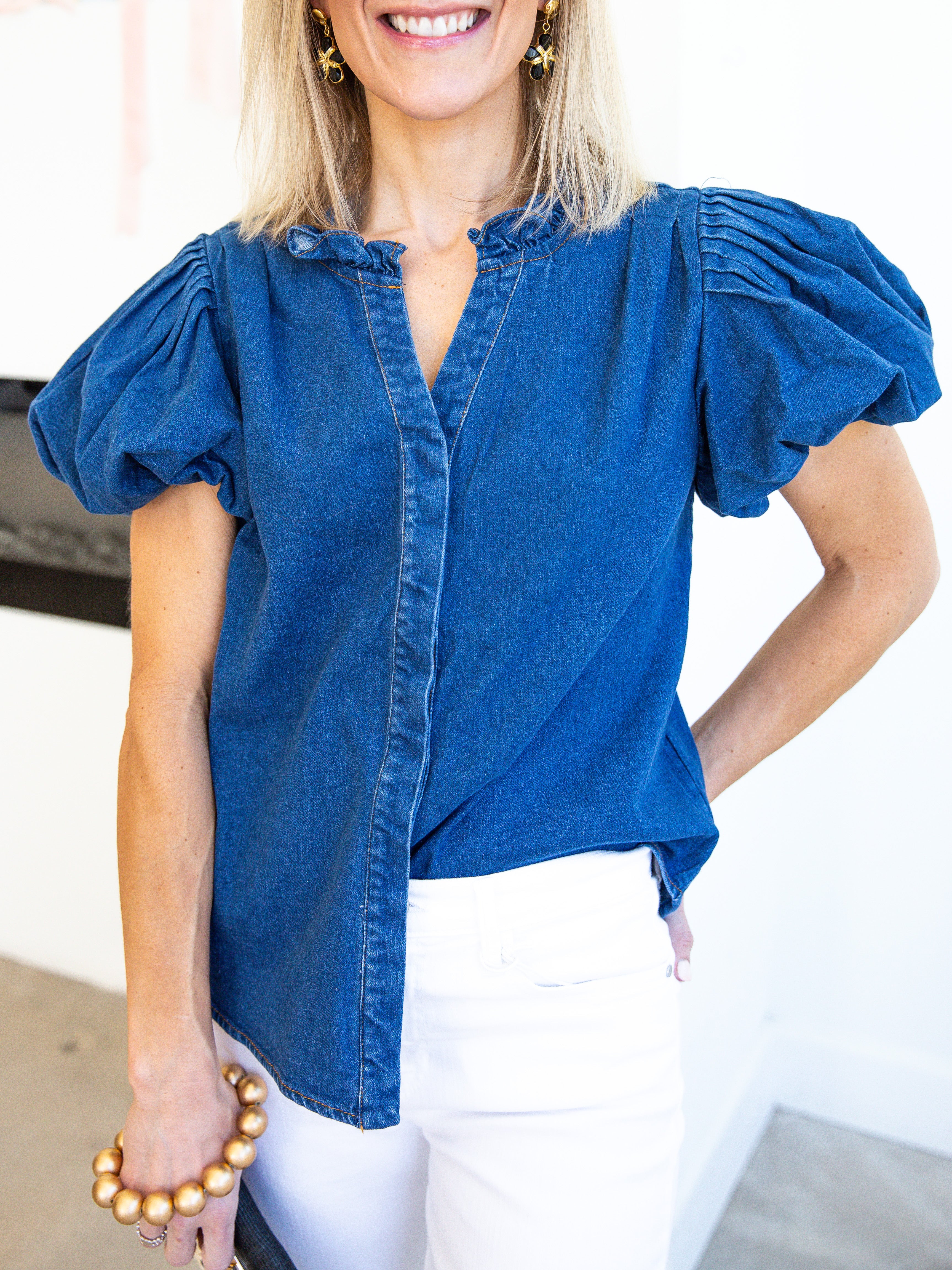 Puff Sleeve Denim Blouse-200 Fashion Blouses-SUGARLIPS-July & June Women's Fashion Boutique Located in San Antonio, Texas