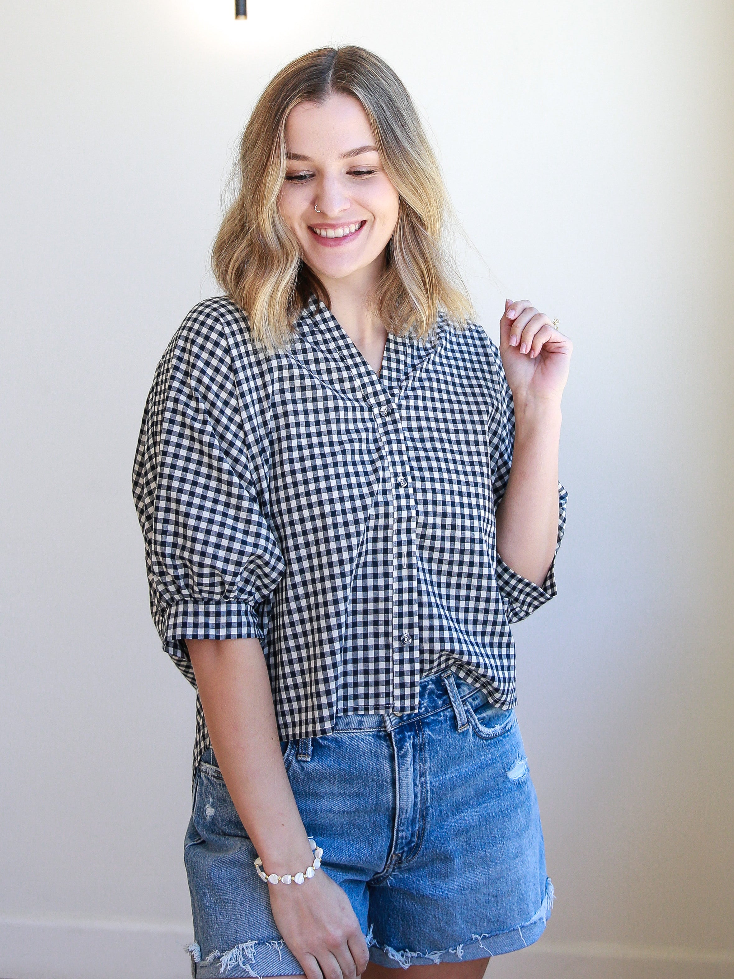 Gingham Sweetheart Blouse - Navy-200 Fashion Blouses-ALLIE ROSE-July & June Women's Fashion Boutique Located in San Antonio, Texas