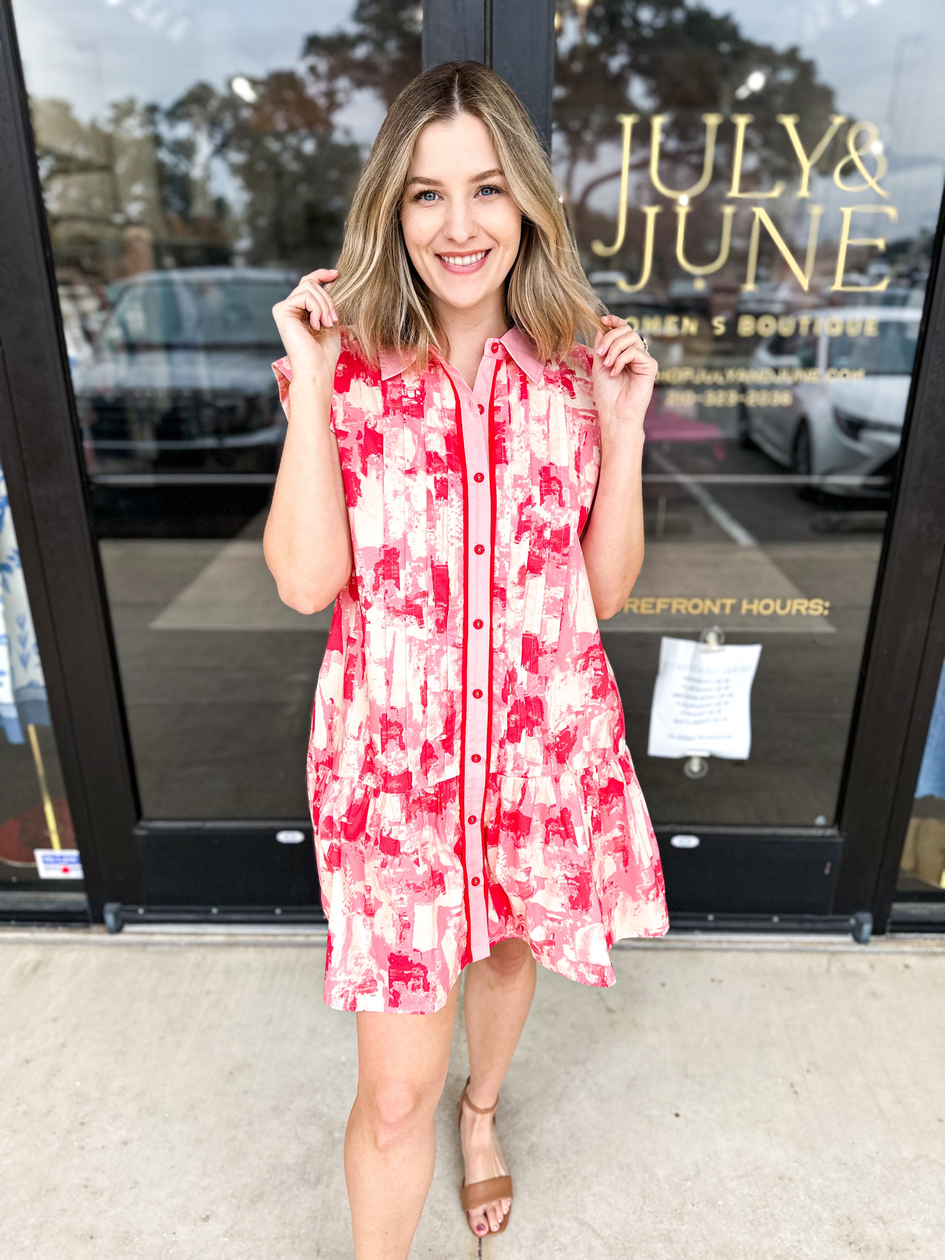 Watercolor Shift Dress - Pink & Red Combo-510 Mini-ENTRO-July & June Women's Fashion Boutique Located in San Antonio, Texas