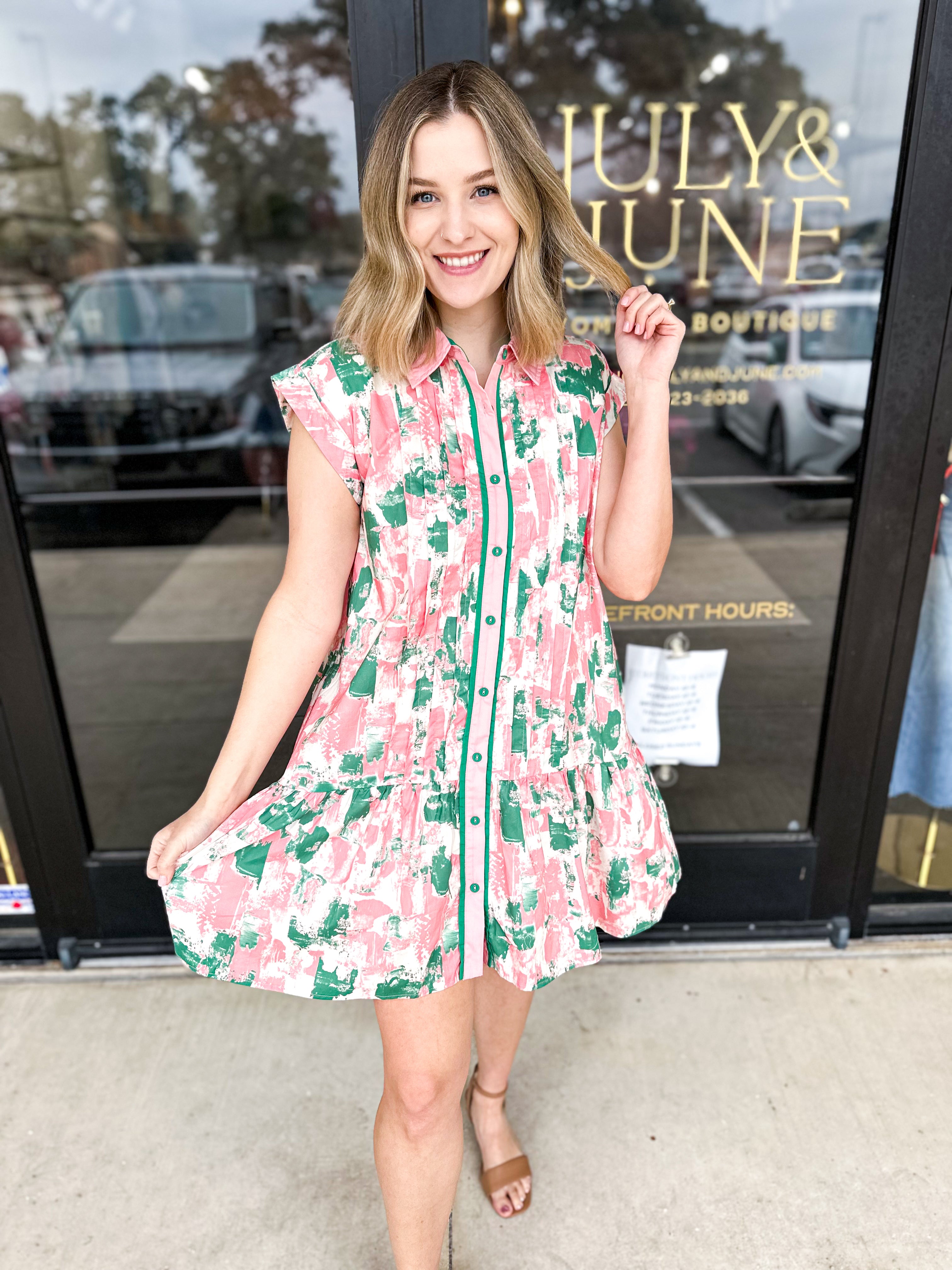 Watercolor Shift Dress - Pink & Green Combo-510 Mini-ENTRO-July & June Women's Fashion Boutique Located in San Antonio, Texas