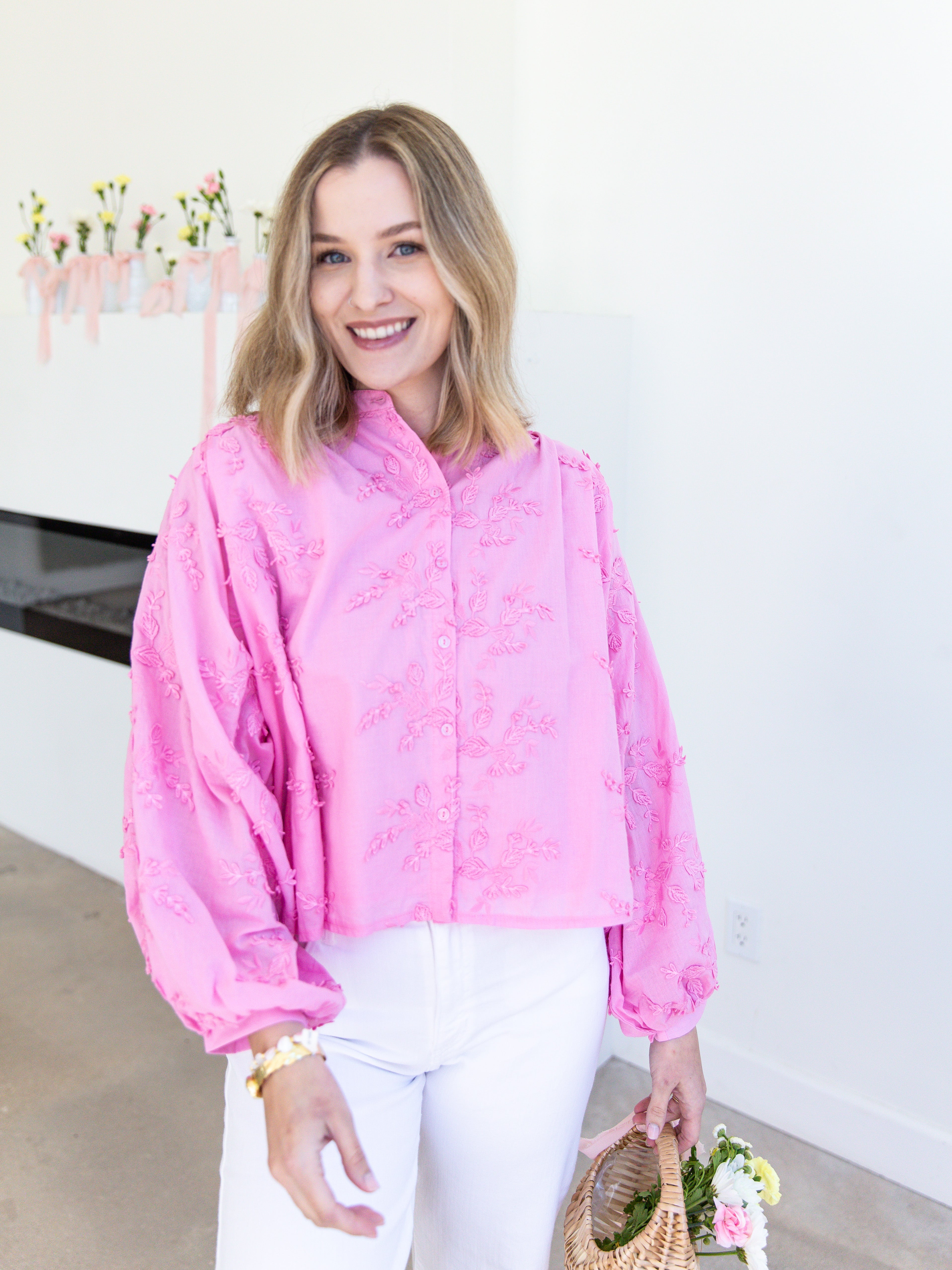 Feminine Floral Blouse - Baby Pink-200 Fashion Blouses-ENTRO-July & June Women's Fashion Boutique Located in San Antonio, Texas