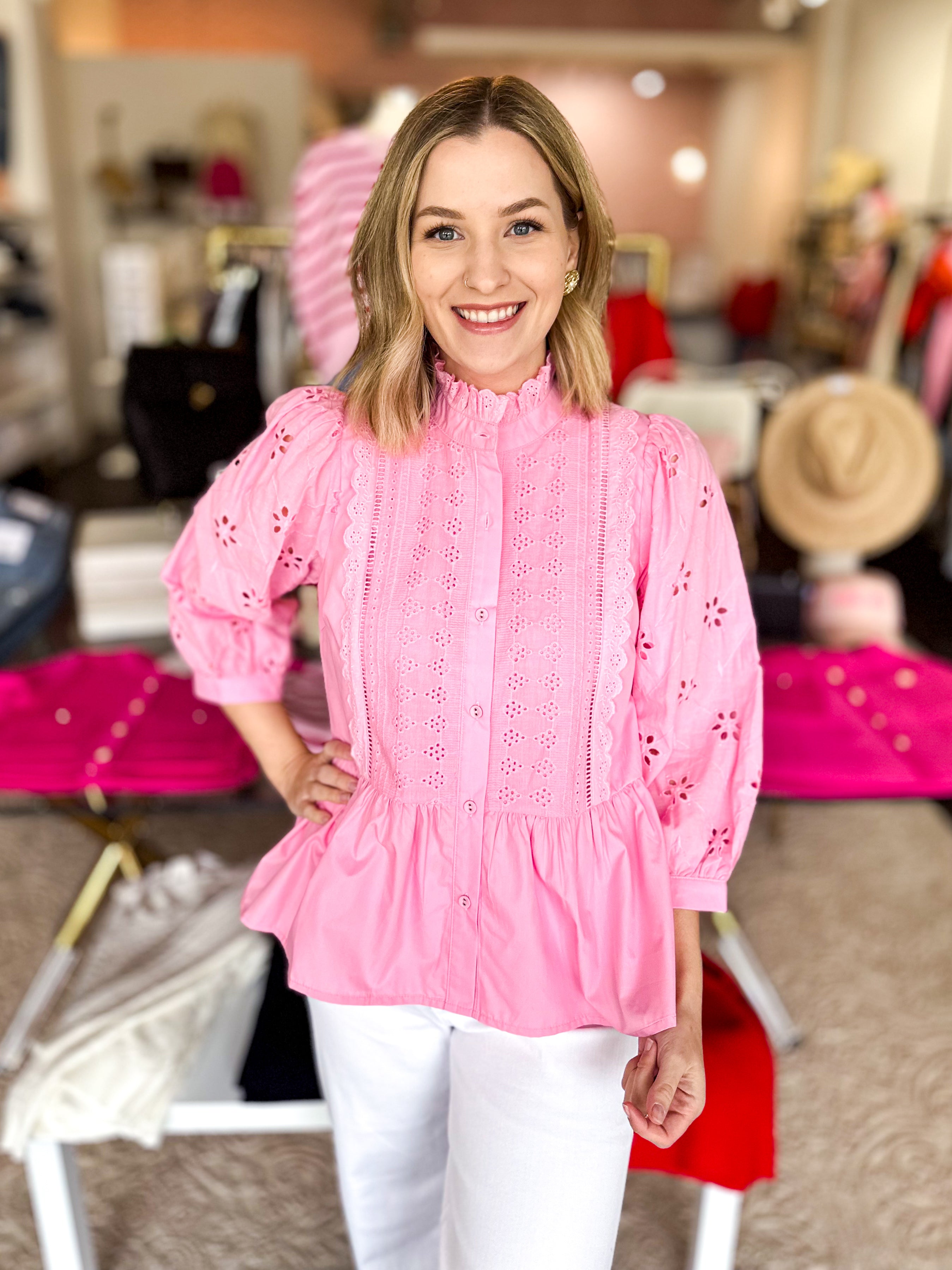 High Neck Lace Detailed Blouse - Pink-200 Fashion Blouses-ENTRO-July & June Women's Fashion Boutique Located in San Antonio, Texas