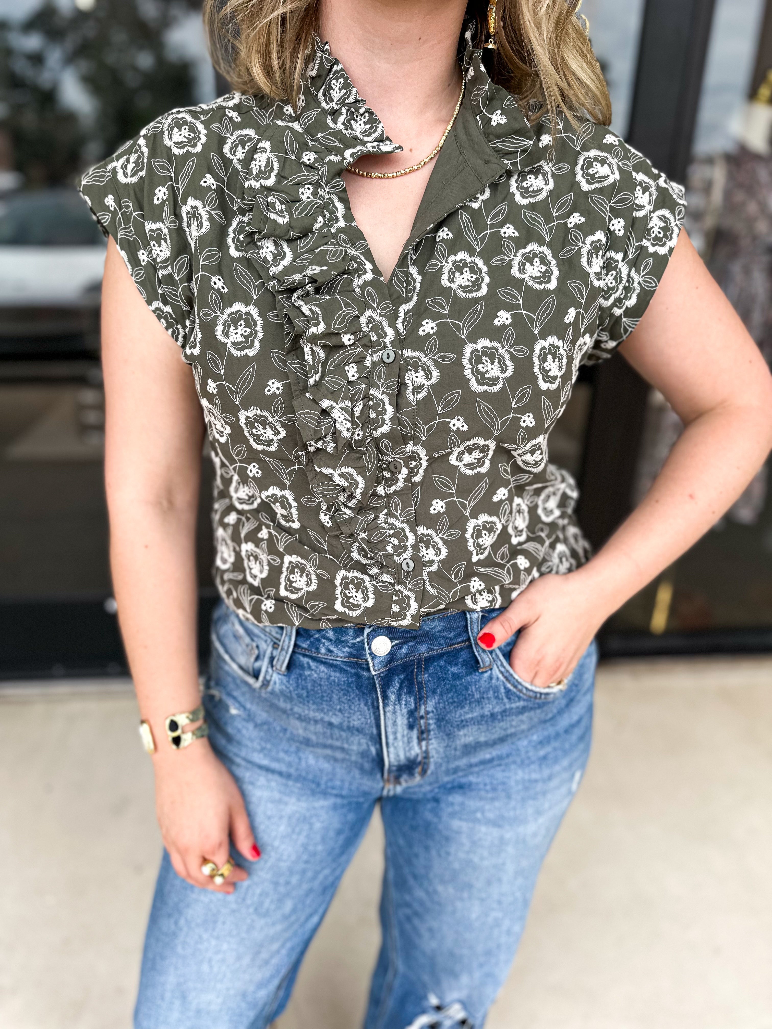 Olive Floral Blouse-200 Fashion Blouses-ENTRO-July & June Women's Fashion Boutique Located in San Antonio, Texas