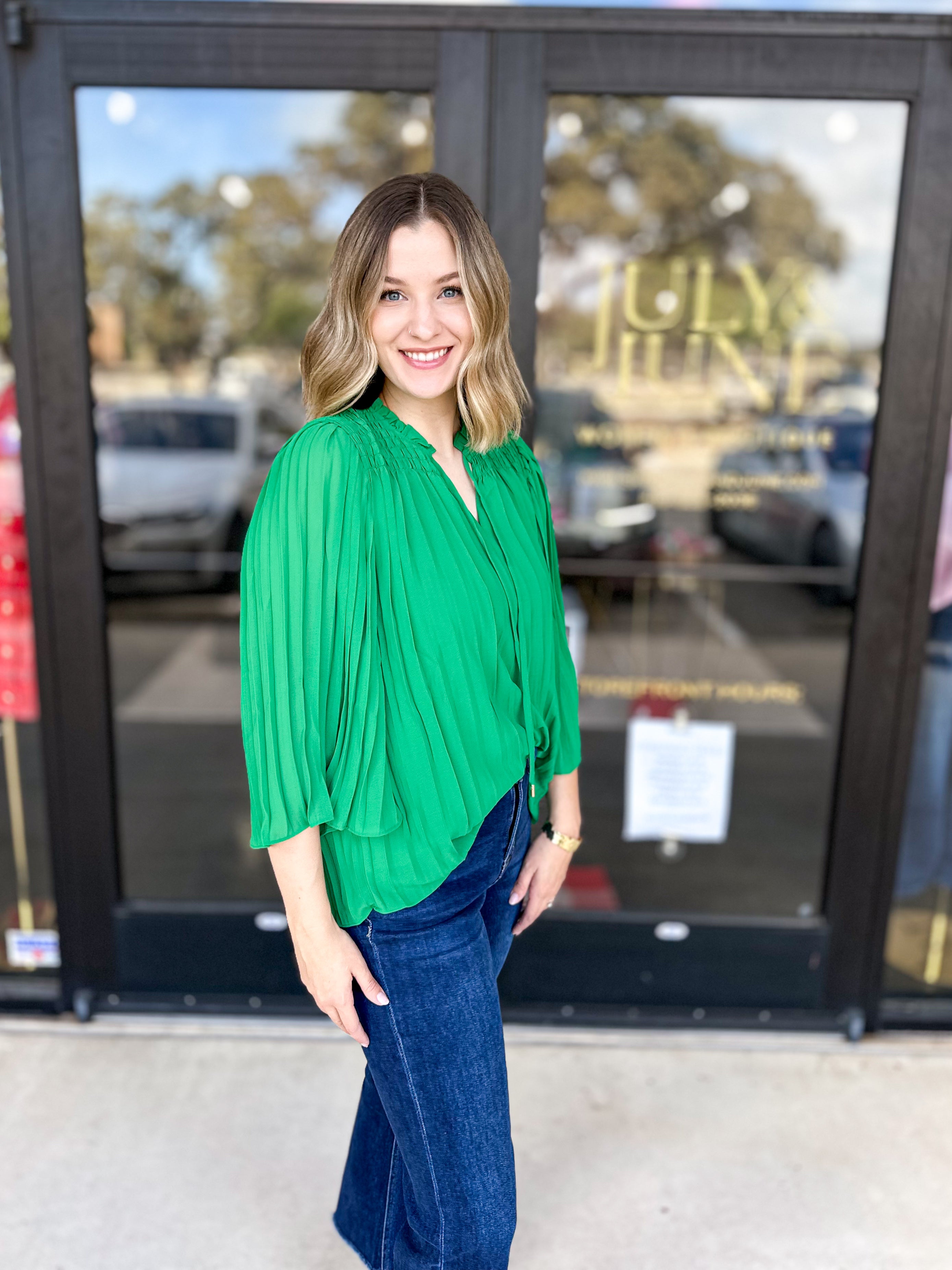 Pleated Blouse-Green-PINK FRIDAY DOORBUSTER-ONLINE-PINK FRIDAY DOORBUSTERS-SKIES ARE BLUE-July & June Women's Fashion Boutique Located in San Antonio, Texas