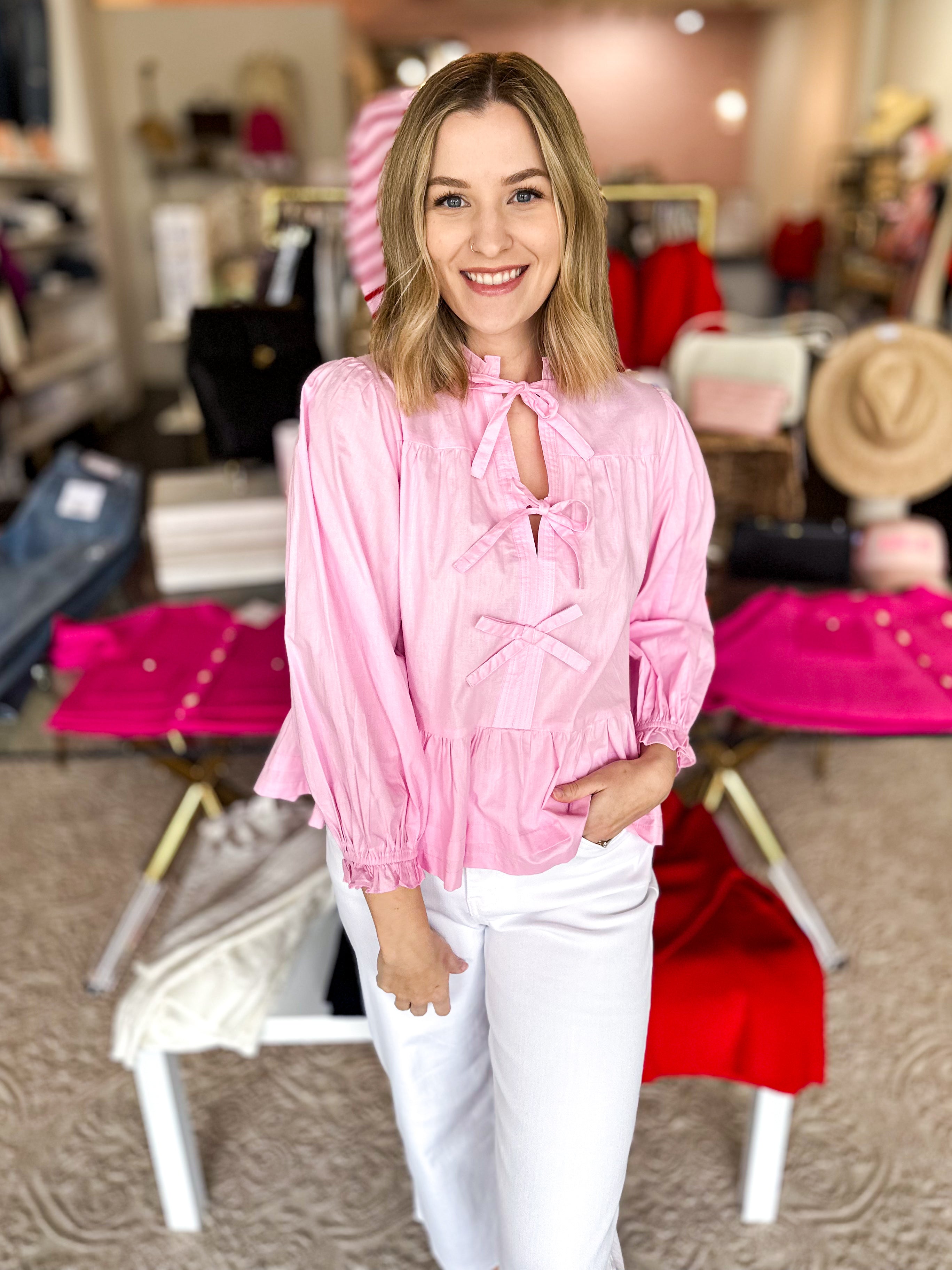 Classic Cute Bow Blouse - Pink-200 Fashion Blouses-PINCH-July & June Women's Fashion Boutique Located in San Antonio, Texas