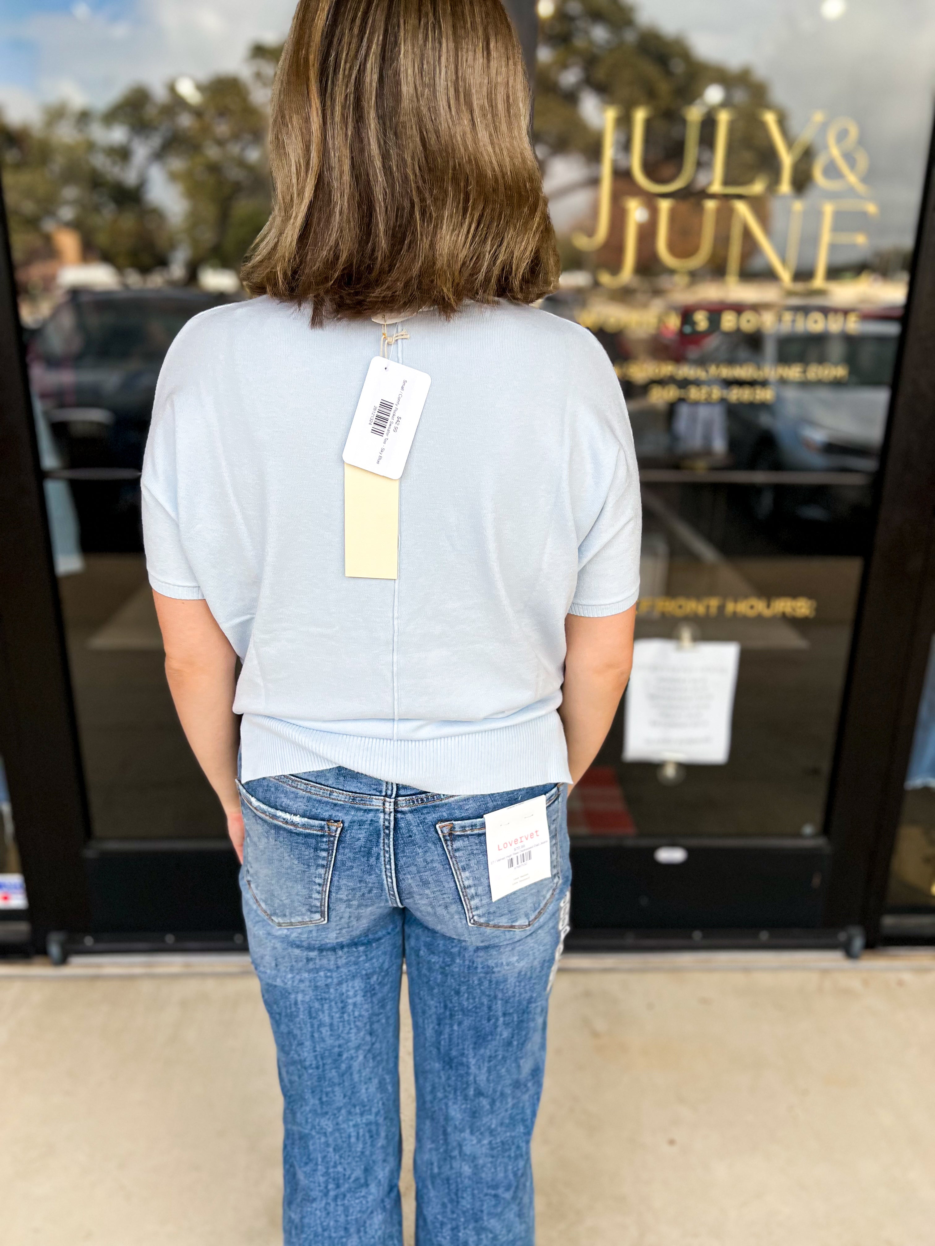 Comfy Pocket Sweater Tee - Sky Blue-200 Fashion Blouses-ALLIE ROSE-July & June Women's Fashion Boutique Located in San Antonio, Texas