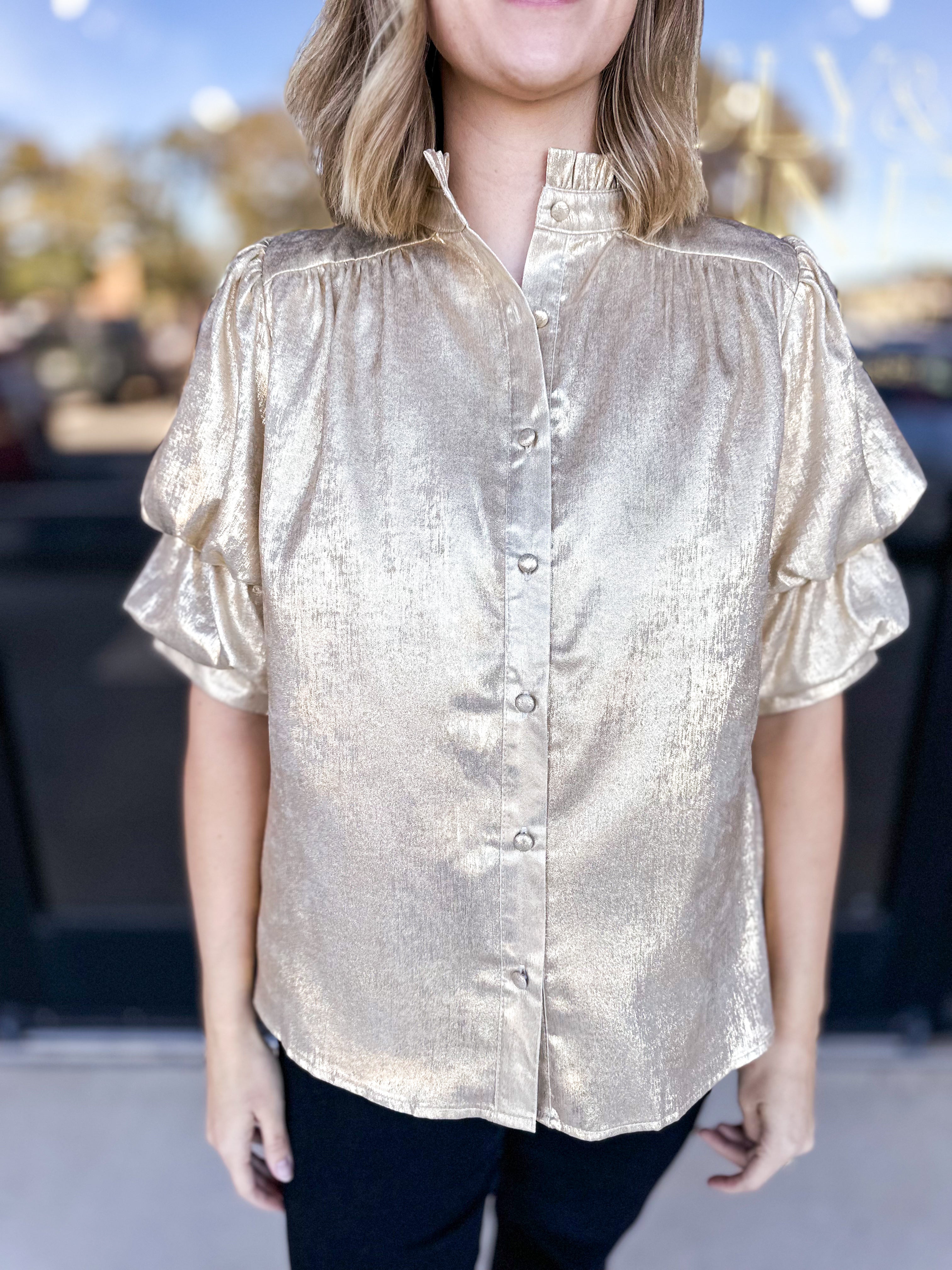 Gold Shimmer Blouse-FATE-July & June Women's Fashion Boutique Located in San Antonio, Texas