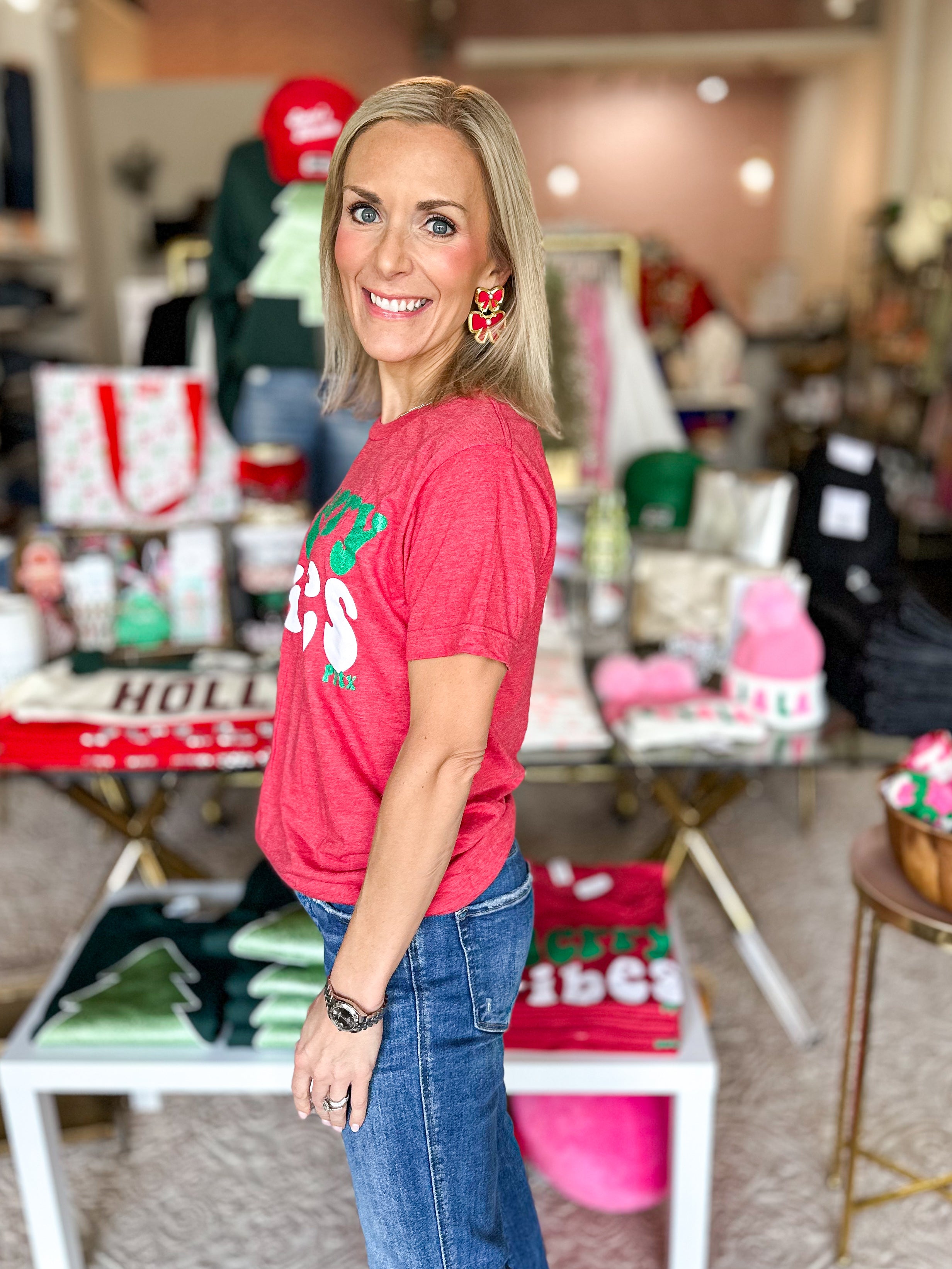 Merry Vibes Graphic T-Shirt-210 Casual Blouses-PPTX-July & June Women's Fashion Boutique Located in San Antonio, Texas