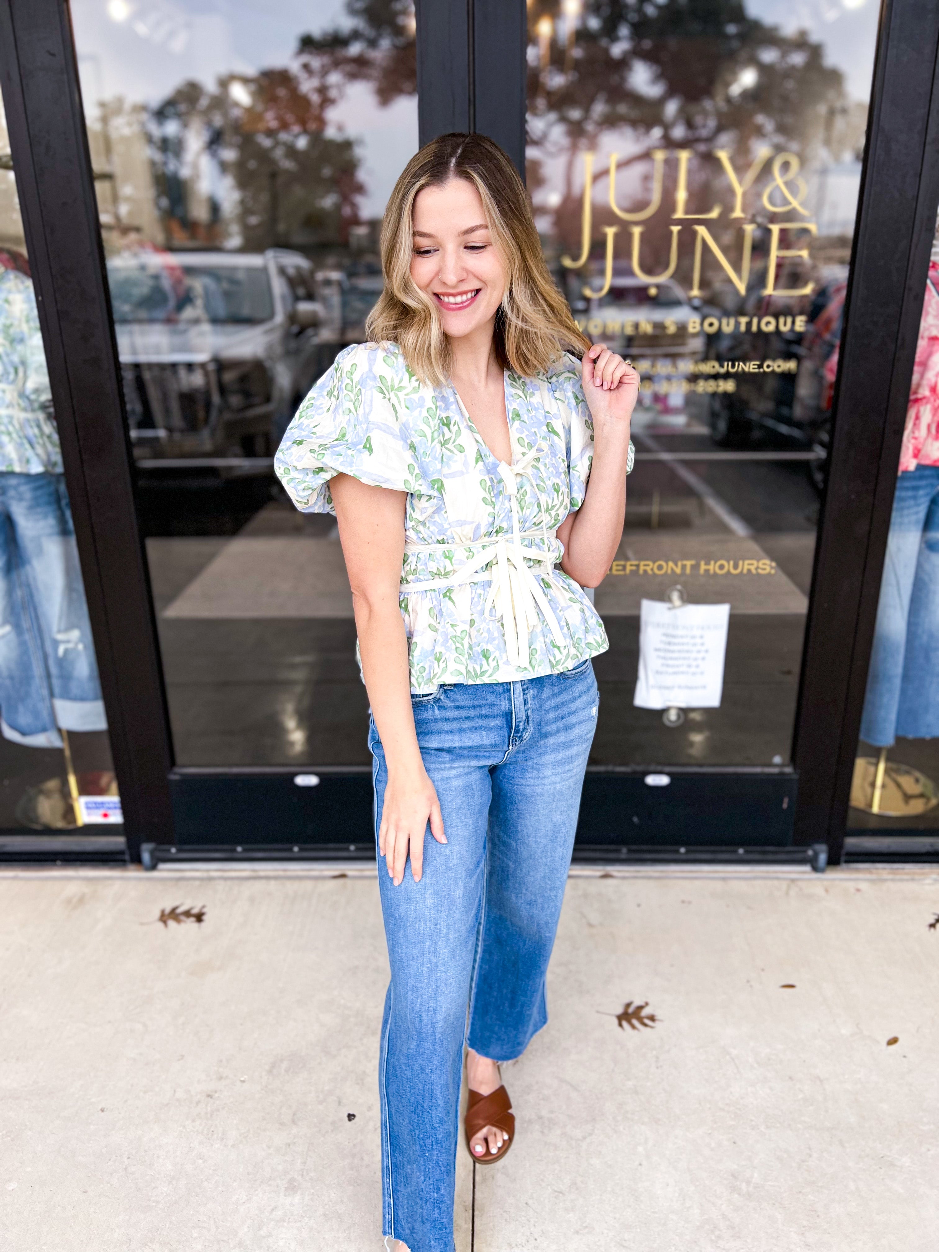 Springtime Garden Blouse - Blue-200 Fashion Blouses-ENTRO-July & June Women's Fashion Boutique Located in San Antonio, Texas