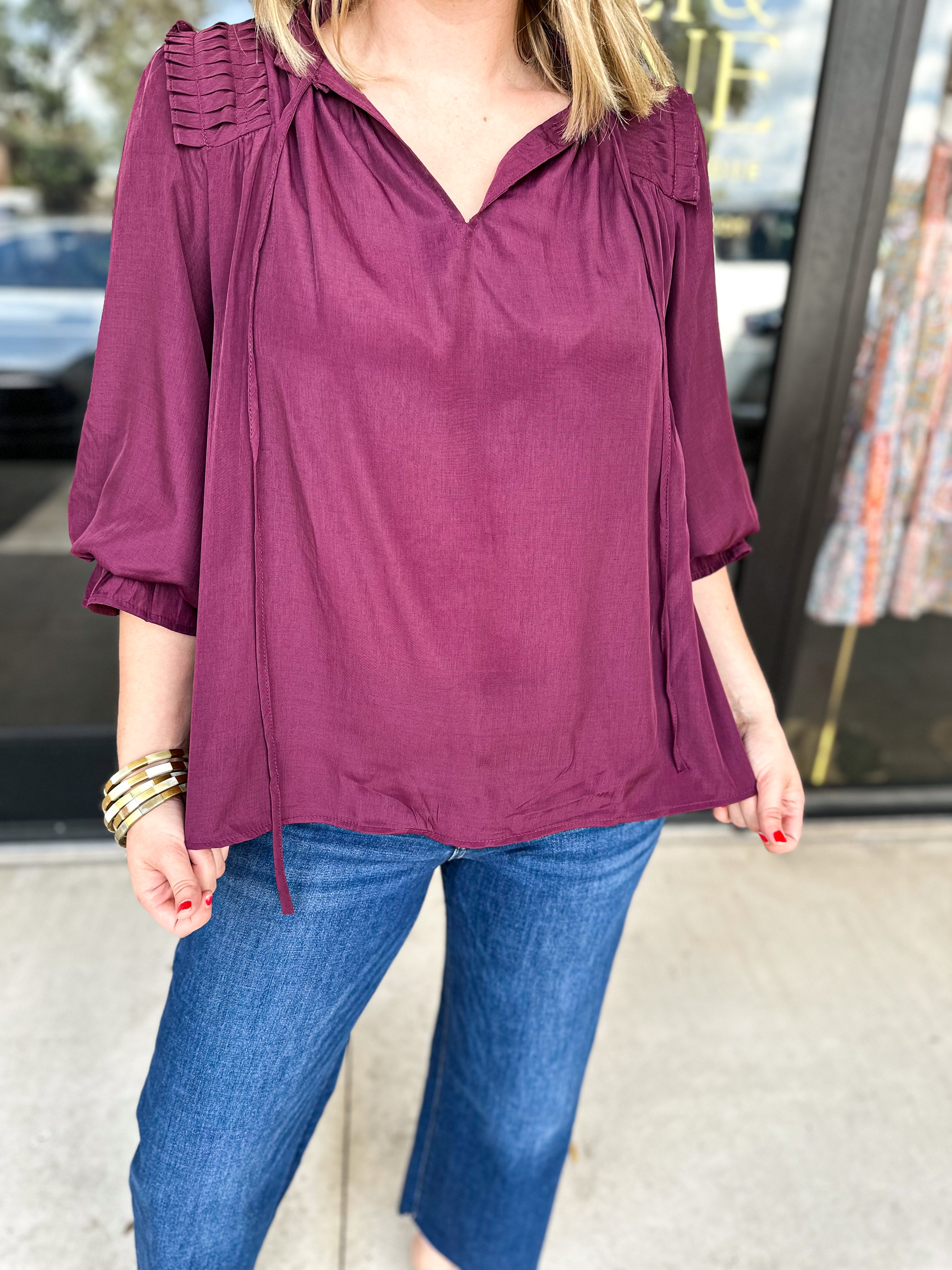 Falling For You Blouse - Merlot-200 Fashion Blouses-ENTRO-July & June Women's Fashion Boutique Located in San Antonio, Texas