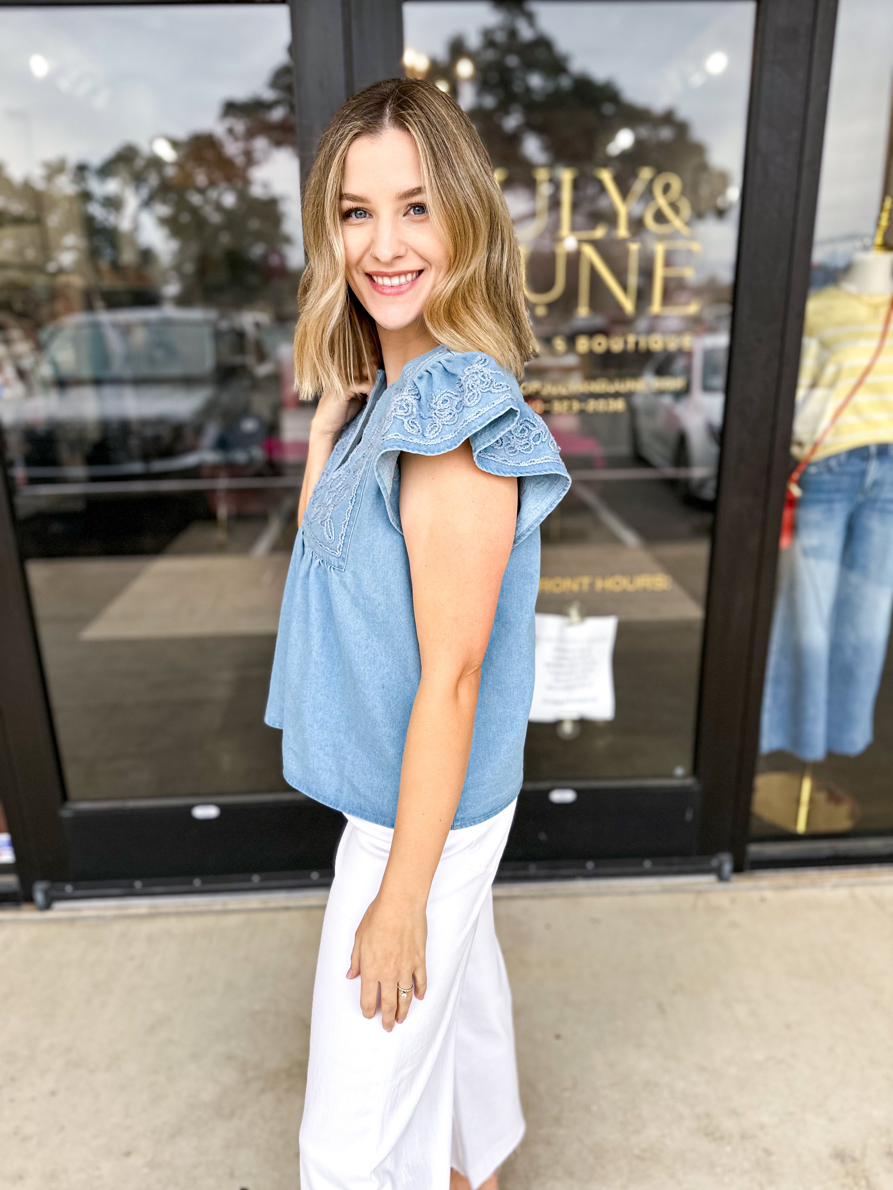 The Magnolia Embroidered Blouse - Light Blue-200 Fashion Blouses-ENTRO-July & June Women's Fashion Boutique Located in San Antonio, Texas