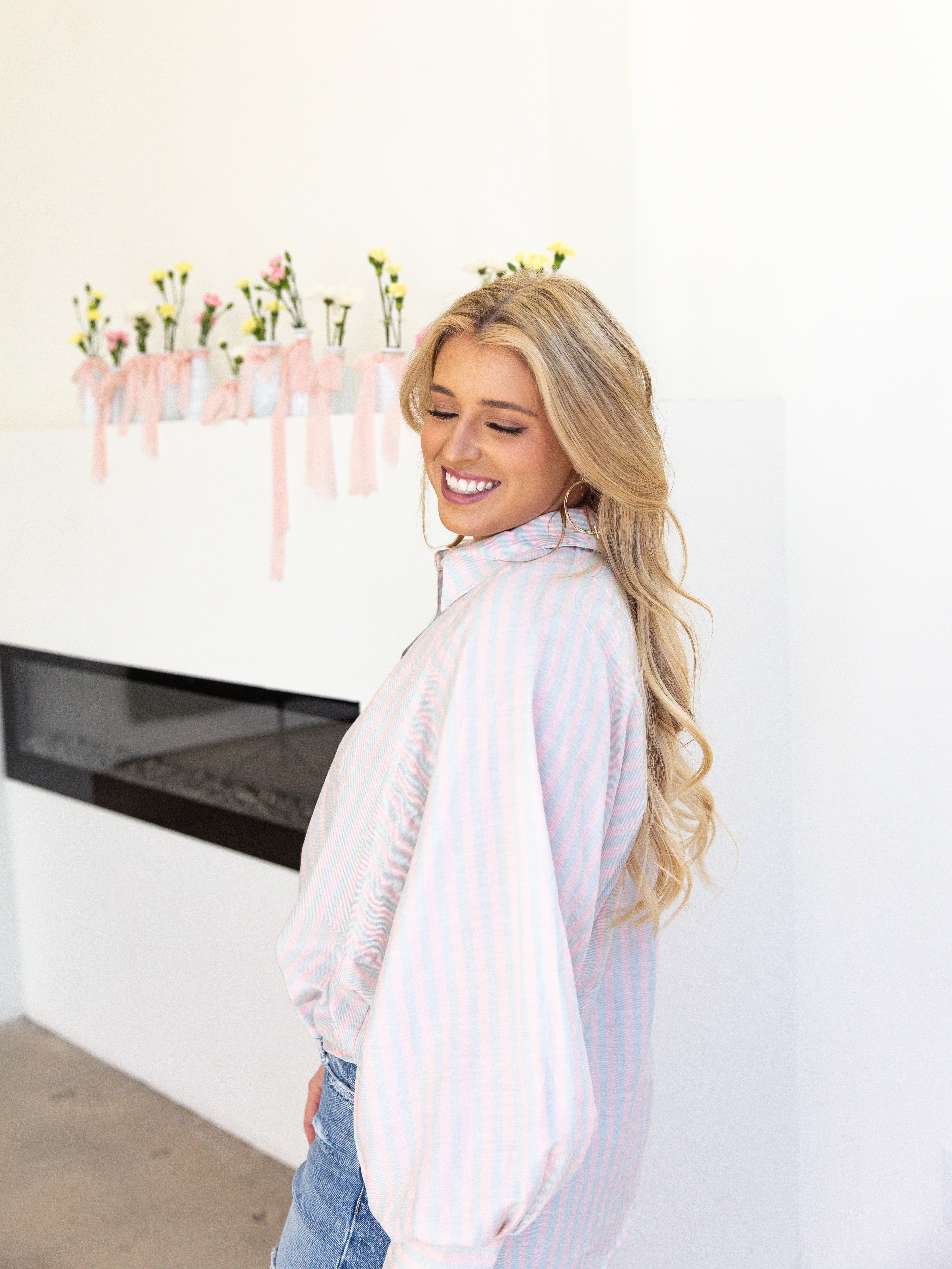 Pastel Stripe Button Down - Lavender Combo-200 Fashion Blouses-&MERCI-July & June Women's Fashion Boutique Located in San Antonio, Texas