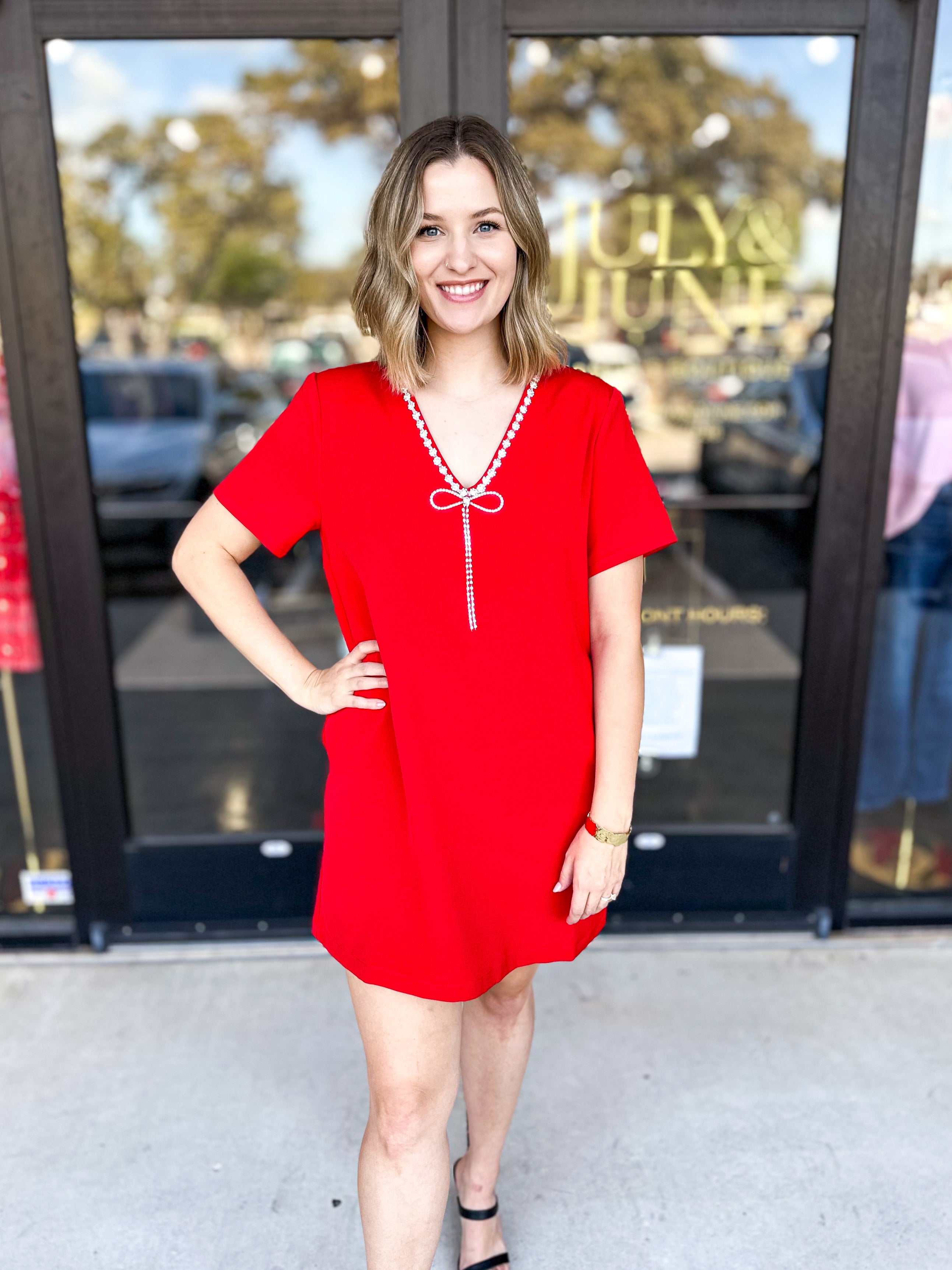 Red Bow Shift Mini Dress-510 Mini-SUGARLIPS-July & June Women's Fashion Boutique Located in San Antonio, Texas