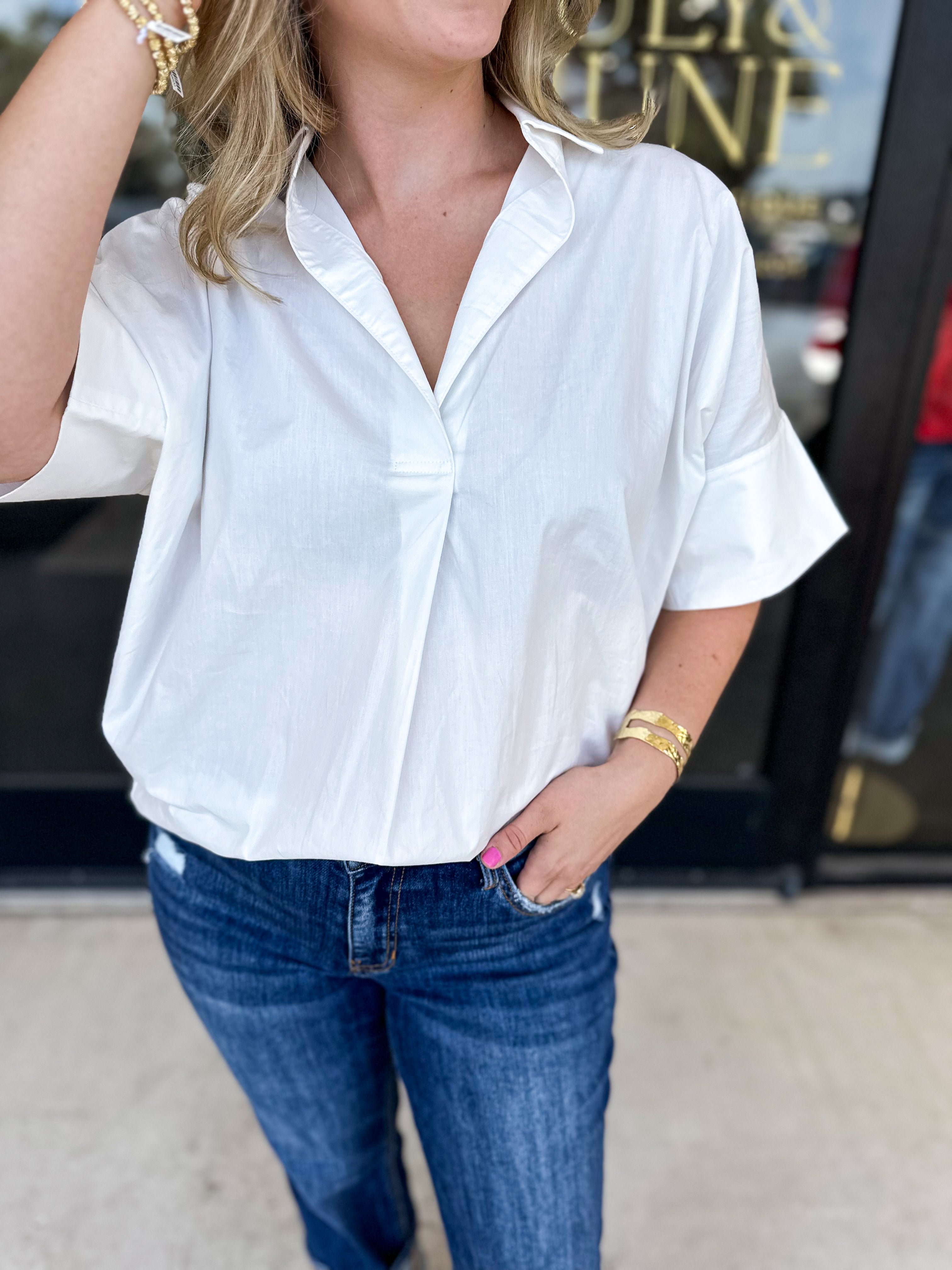 Collard Blouse - Ivory-200 Fashion Blouses-PINCH-July & June Women's Fashion Boutique Located in San Antonio, Texas