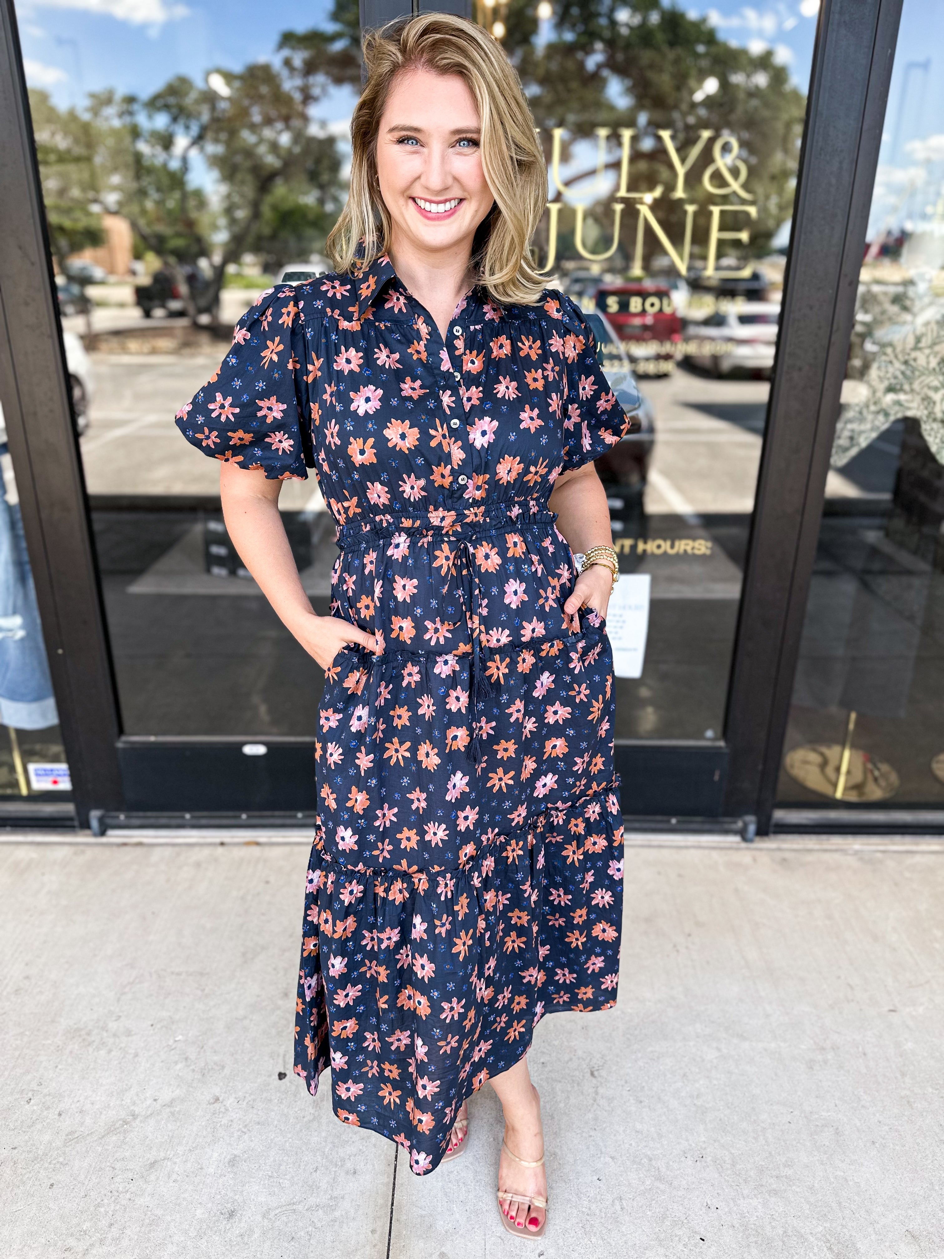 Navy Floral Maxi Dress-500 Midi-PINCH-July & June Women's Fashion Boutique Located in San Antonio, Texas