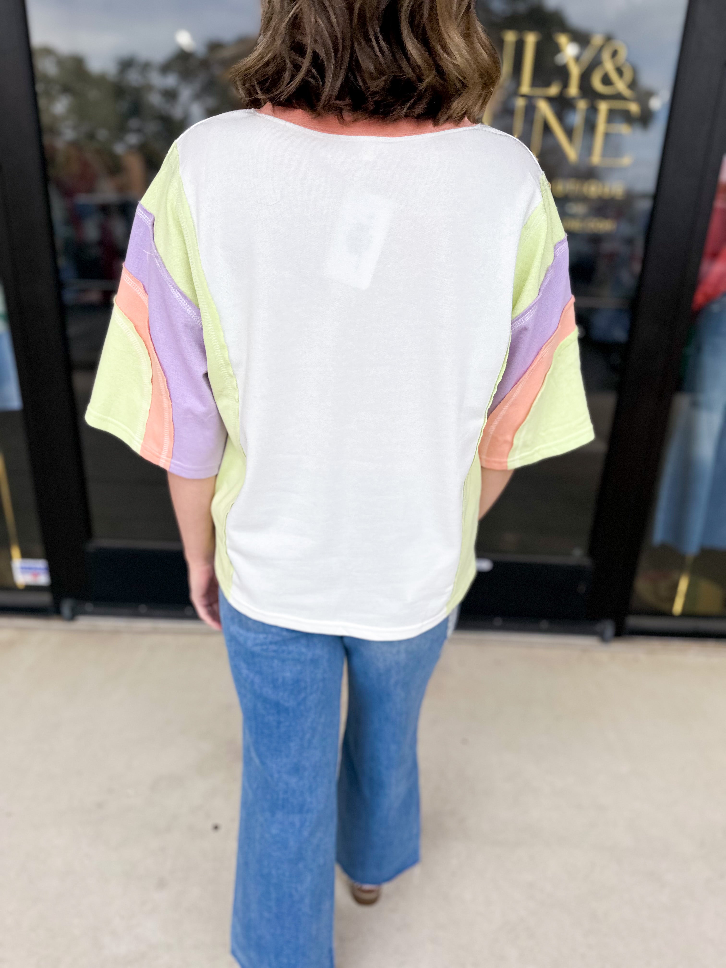 Colorblock Tee - Lime Combo-210 Casual Blouses-JODIFL-July & June Women's Fashion Boutique Located in San Antonio, Texas