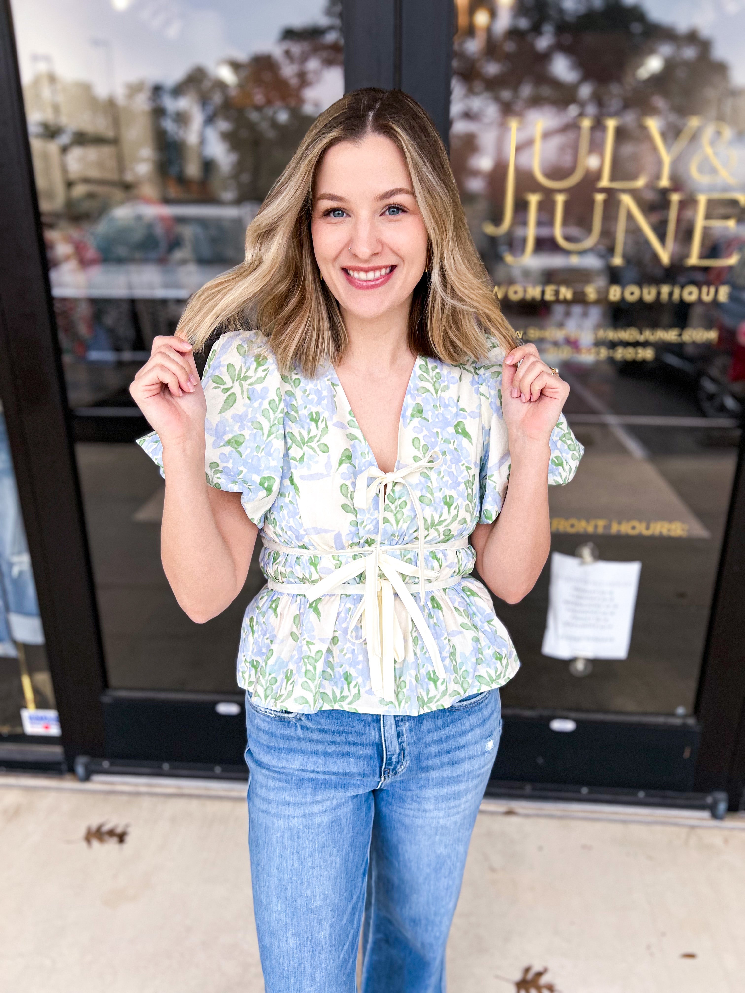 Springtime Garden Blouse - Blue-200 Fashion Blouses-ENTRO-July & June Women's Fashion Boutique Located in San Antonio, Texas