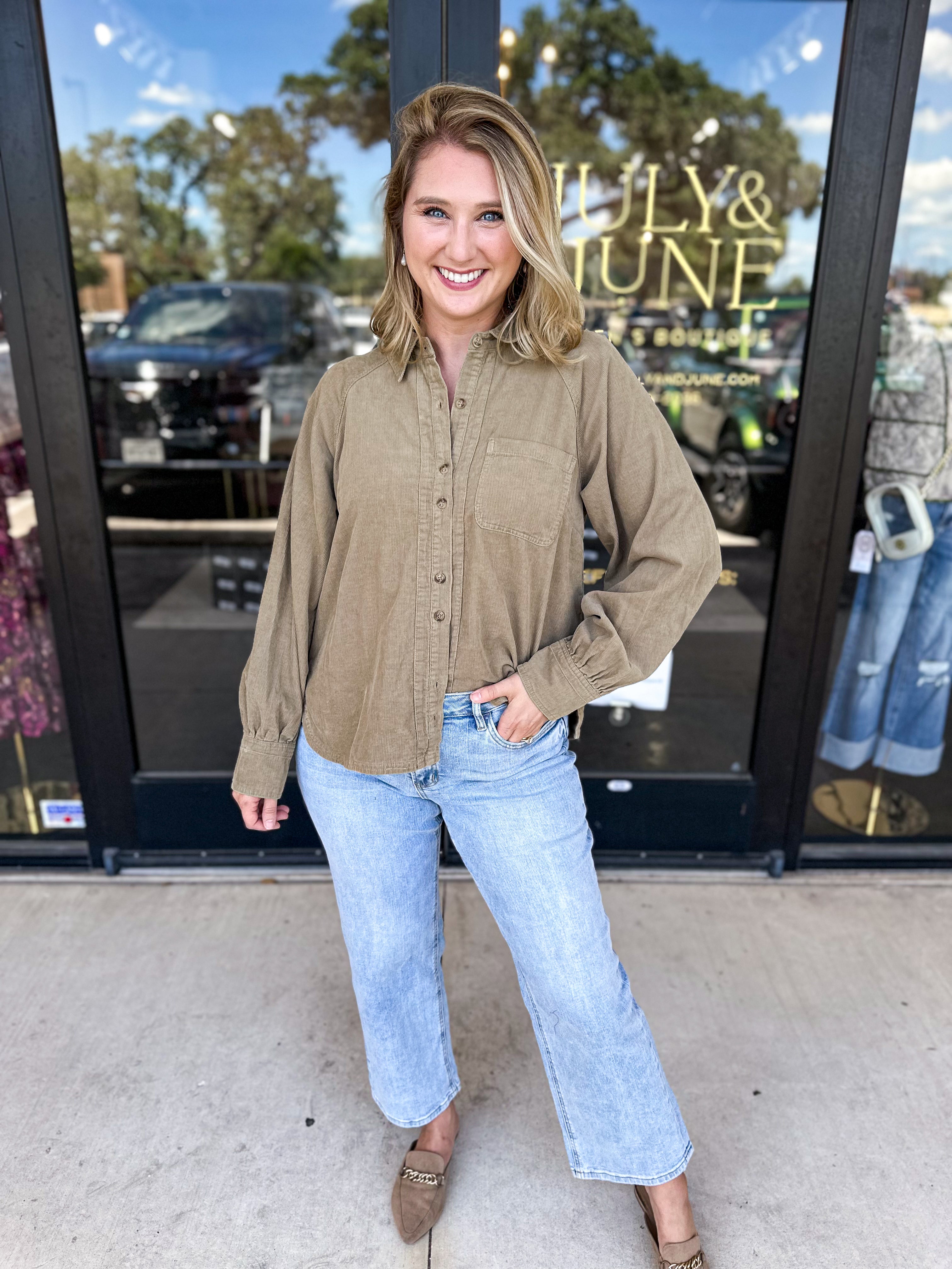 Corduroy Button Down - Mocha-200 Fashion Blouses-JODIFL-July & June Women's Fashion Boutique Located in San Antonio, Texas