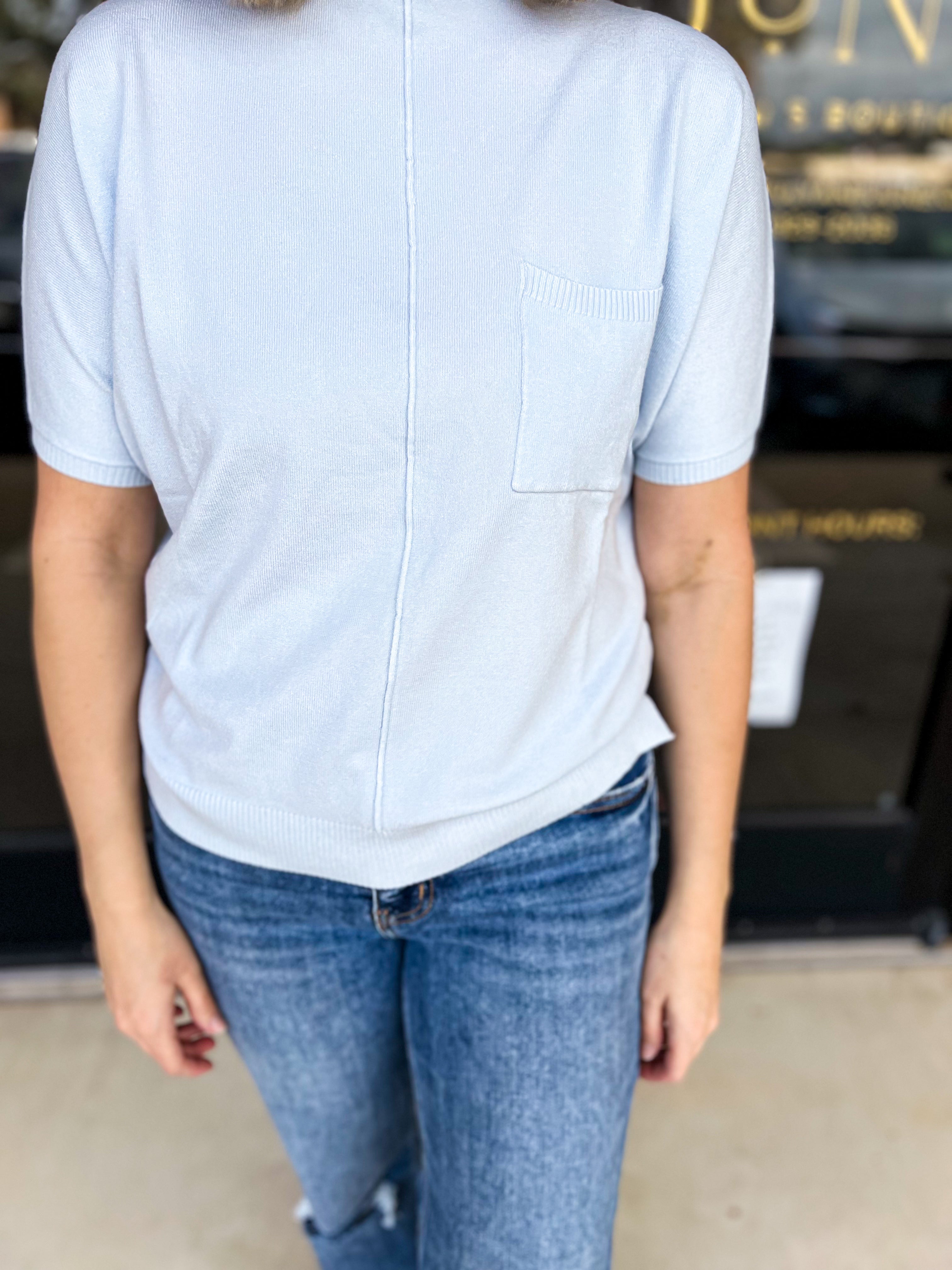 Comfy Pocket Sweater Tee - Sky Blue-200 Fashion Blouses-ALLIE ROSE-July & June Women's Fashion Boutique Located in San Antonio, Texas