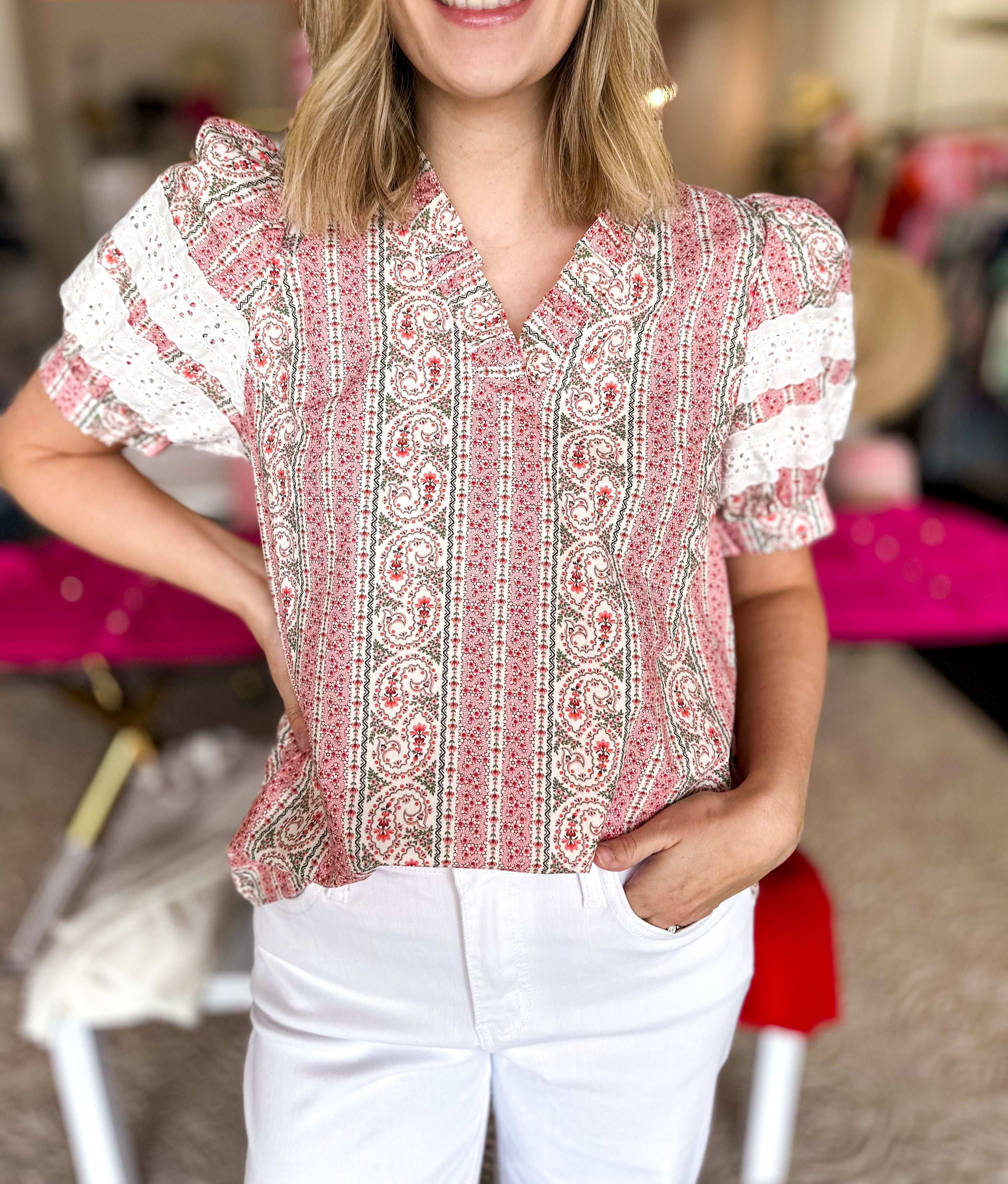 Paisley & Crochet Blouse-200 Fashion Blouses-ENTRO-July & June Women's Fashion Boutique Located in San Antonio, Texas