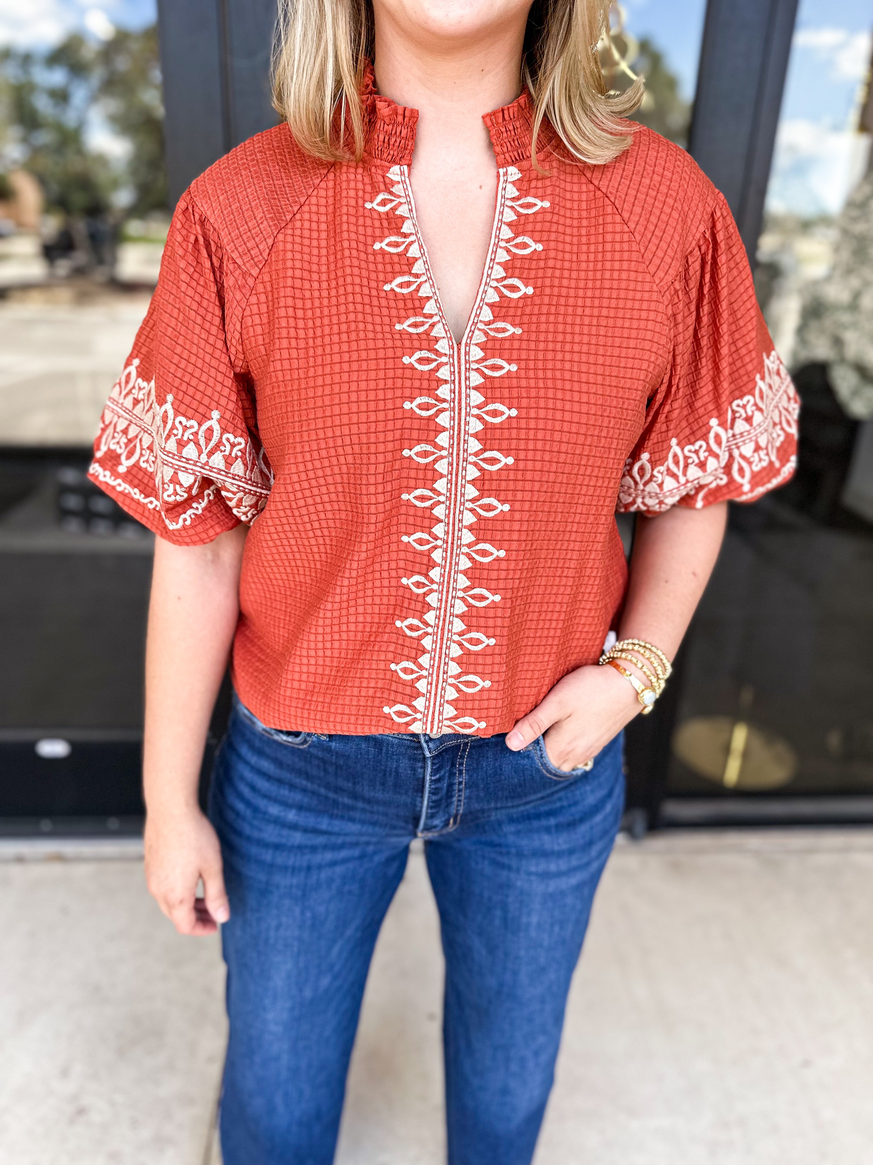 THML - Rust Embroidered Blouse-200 Fashion Blouses-THML-July & June Women's Fashion Boutique Located in San Antonio, Texas