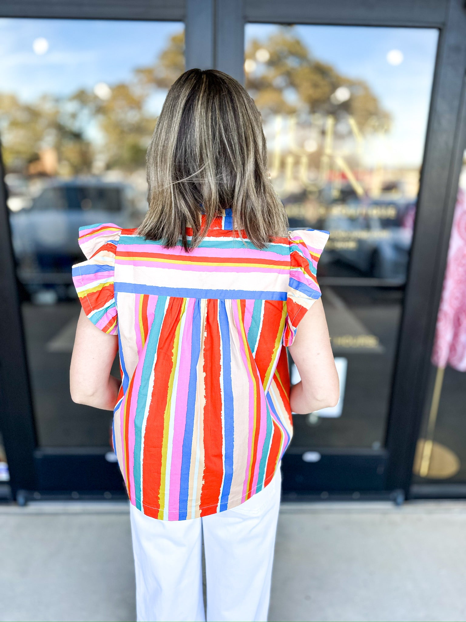 Orange Multi Flutter Sleeve Blouse-200 Fashion Blouses-FATE-July & June Women's Fashion Boutique Located in San Antonio, Texas