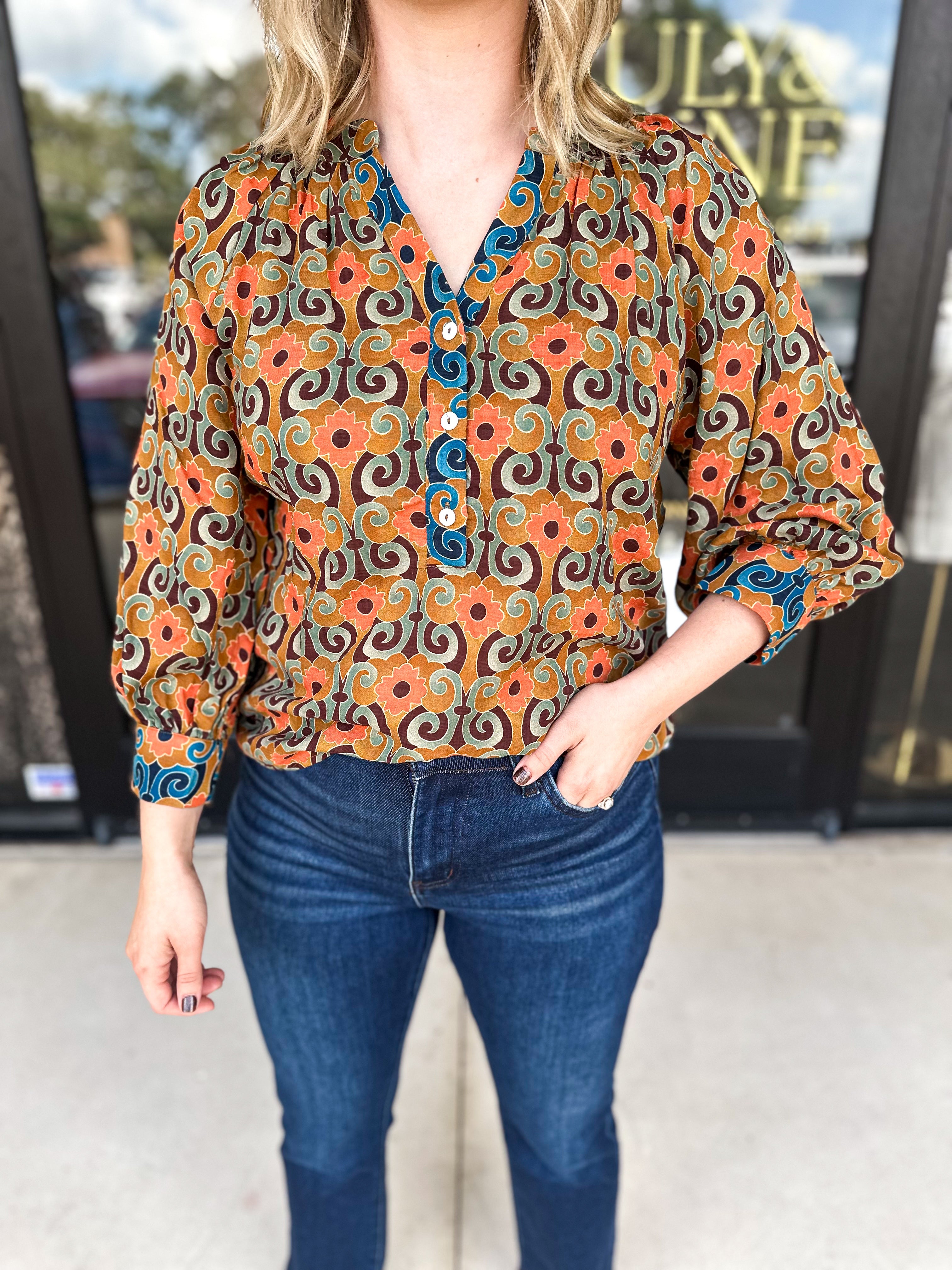 THML - Geo Garden Blouse-200 Fashion Blouses-THML-July & June Women's Fashion Boutique Located in San Antonio, Texas