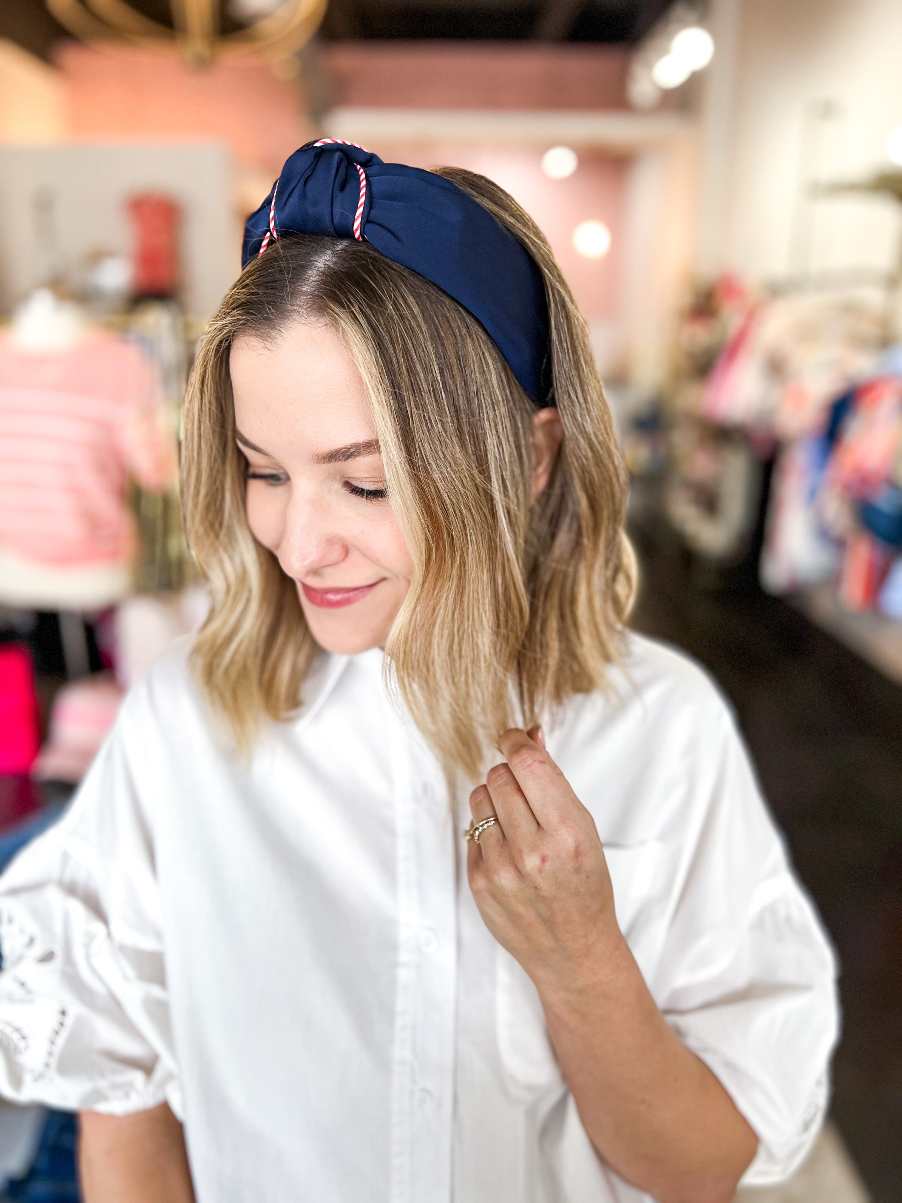 Stripe Trim Knotted Headband - Navy-130 ACCESSORIES-SHIRALEAH-July & June Women's Fashion Boutique Located in San Antonio, Texas