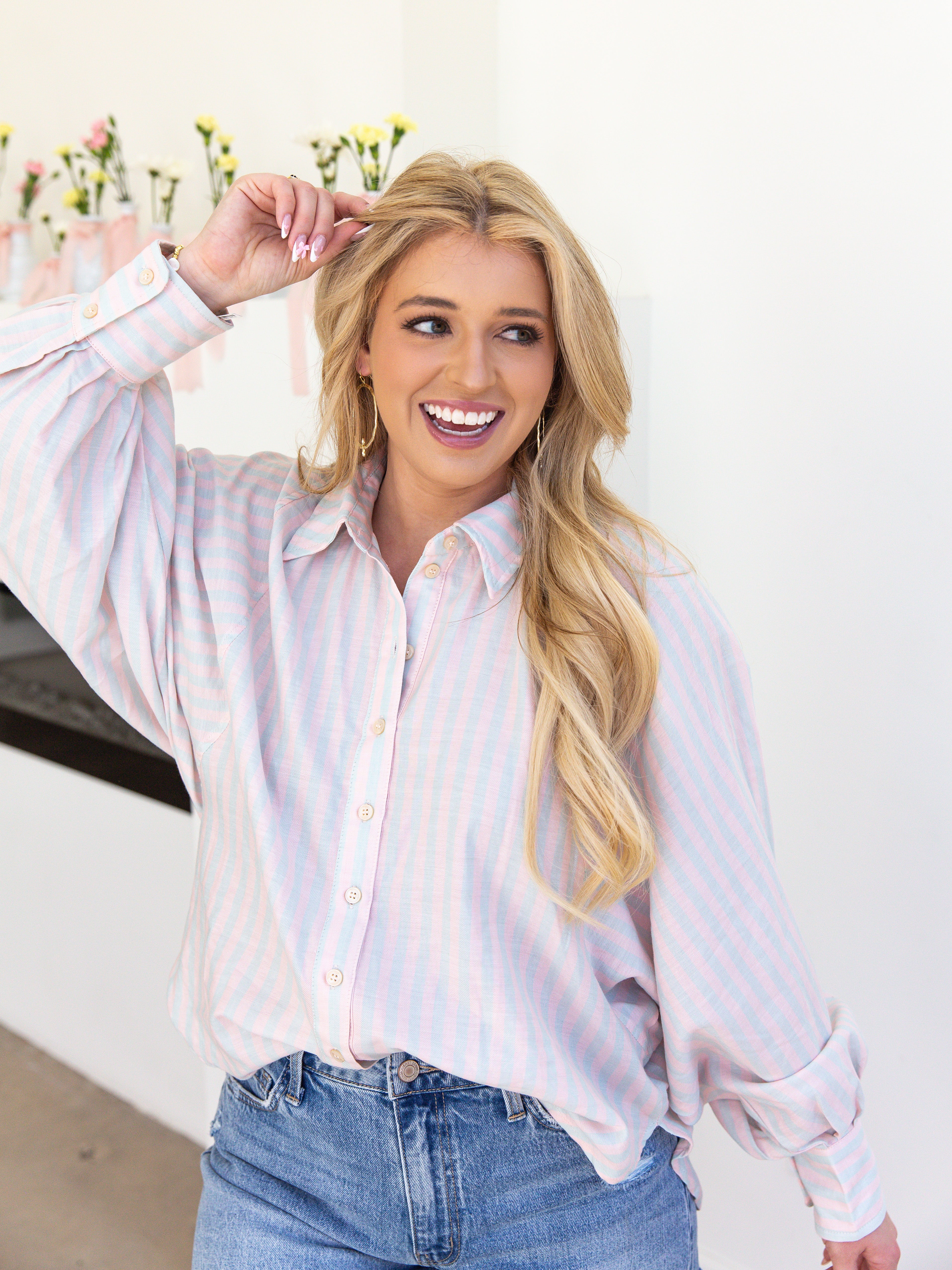 Pastel Stripe Button Down - Lavender Combo-200 Fashion Blouses-&MERCI-July & June Women's Fashion Boutique Located in San Antonio, Texas