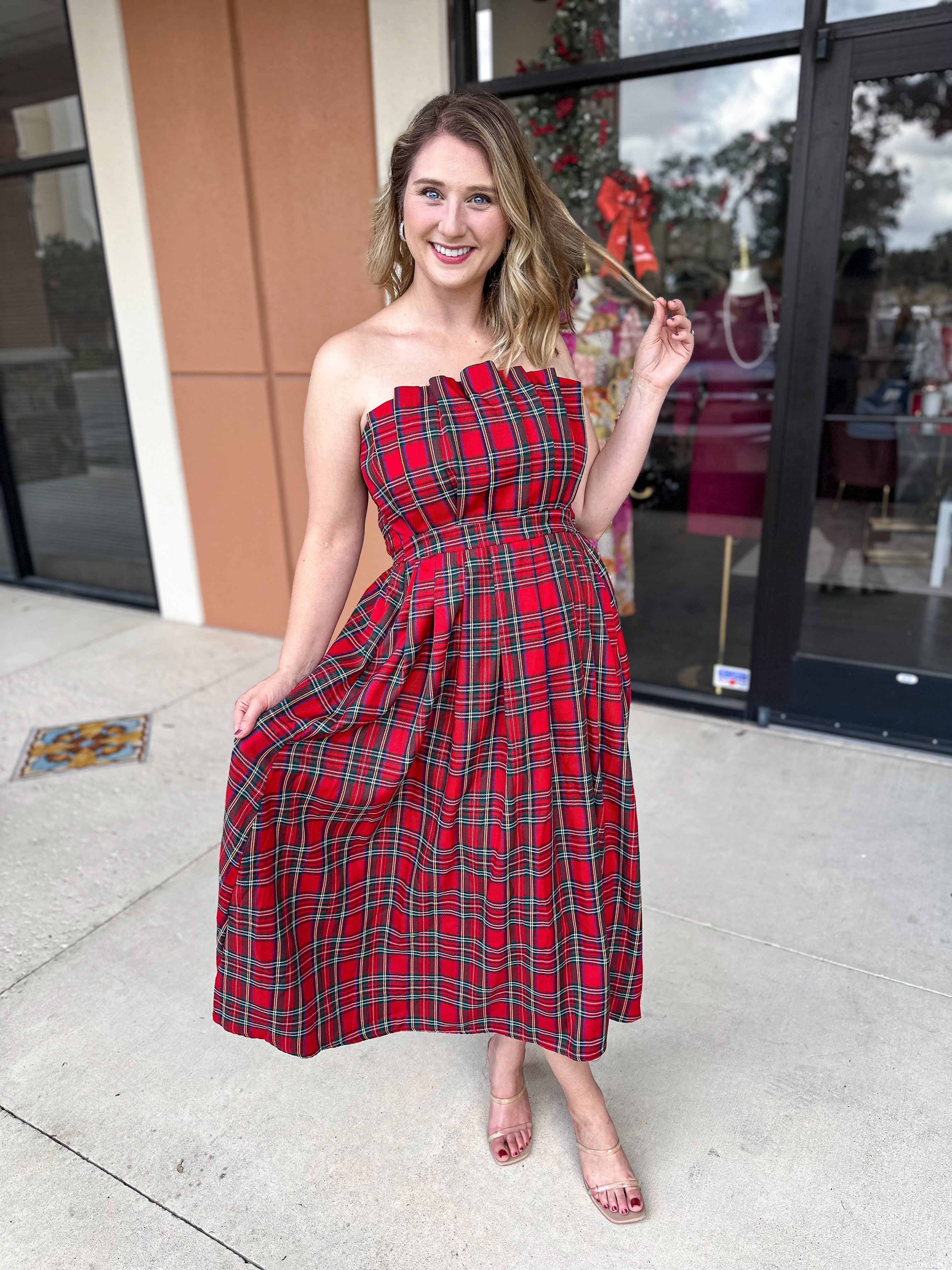 Festive Plaid Midi Dress - Red-500 Midi-ENTRO-July & June Women's Fashion Boutique Located in San Antonio, Texas