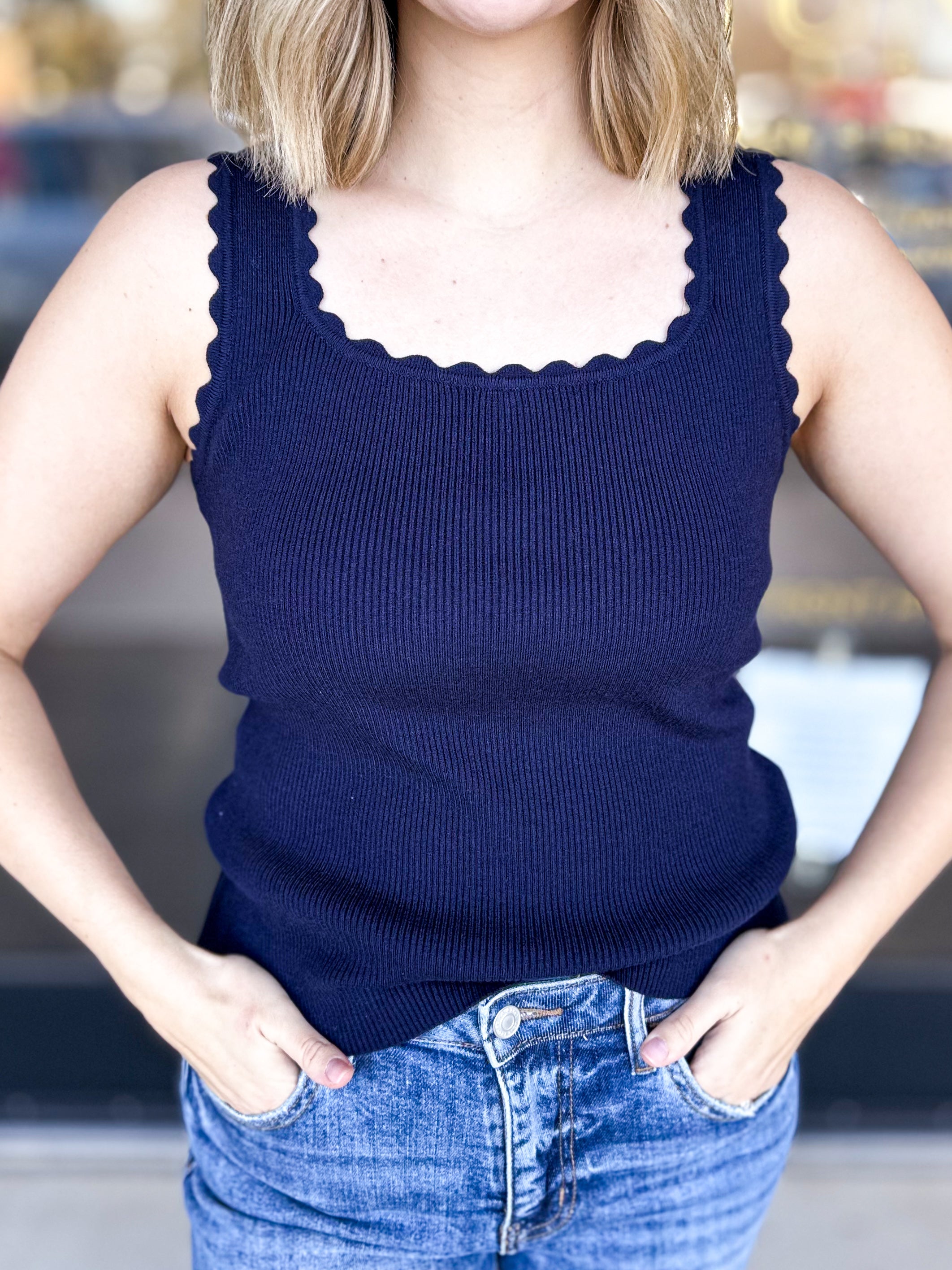 Scalloped Comfy Tank - Navy-210 Casual Blouses-SKIES ARE BLUE-July & June Women's Fashion Boutique Located in San Antonio, Texas