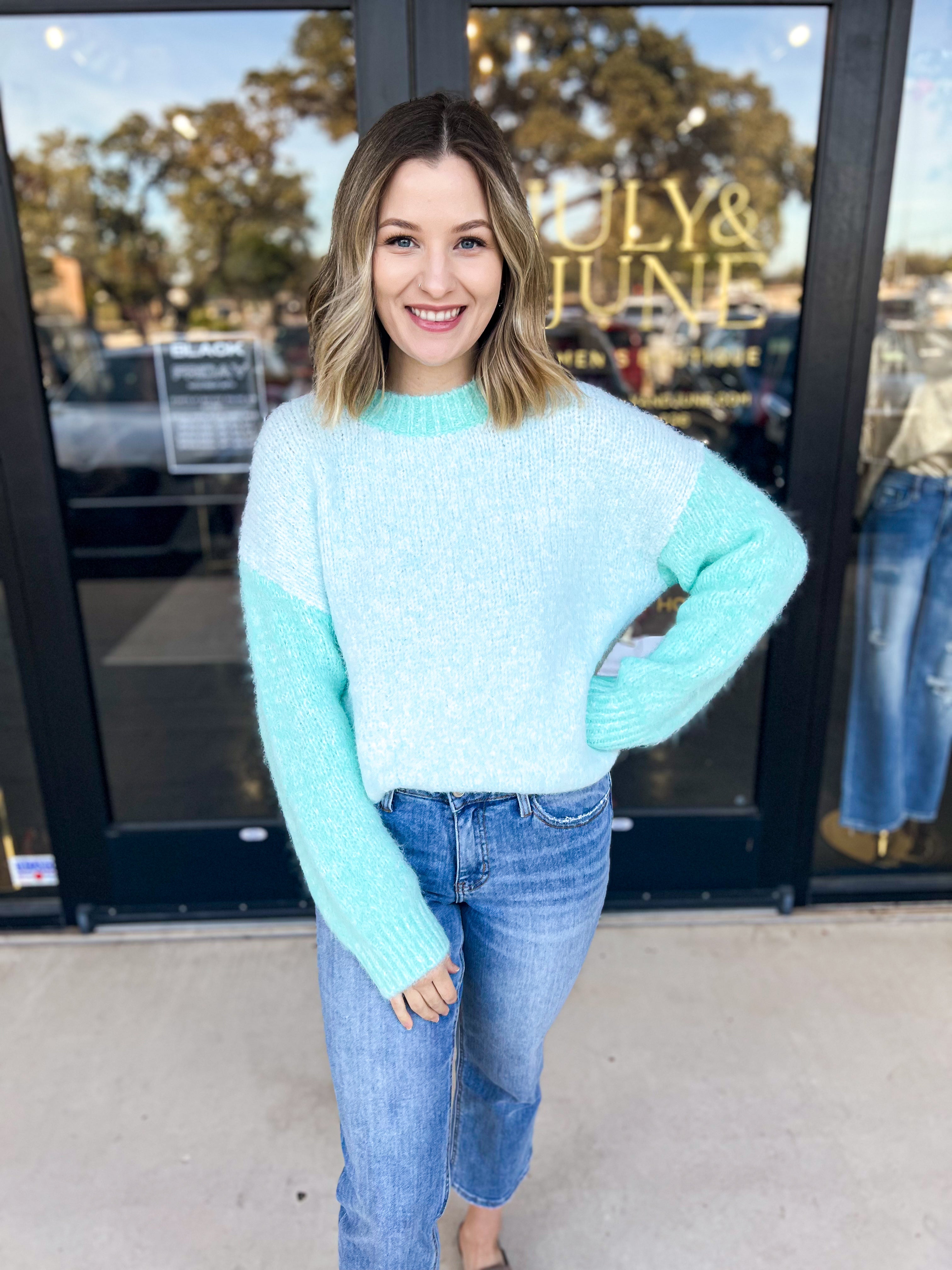 Contrast Blue Fuzzy Sweater Top-PINCH-July & June Women's Fashion Boutique Located in San Antonio, Texas