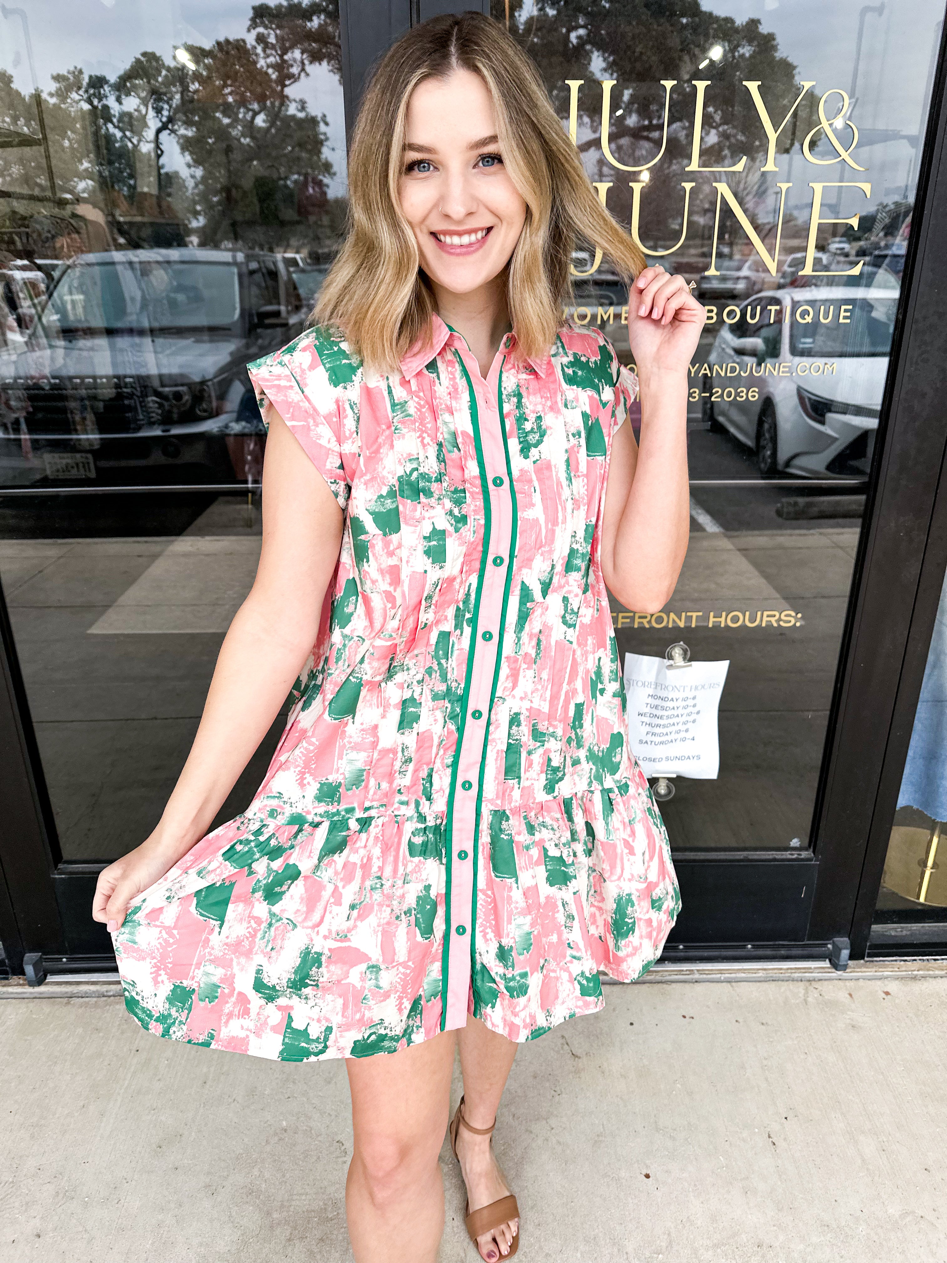 Watercolor Shift Dress - Pink & Green Combo-510 Mini-ENTRO-July & June Women's Fashion Boutique Located in San Antonio, Texas