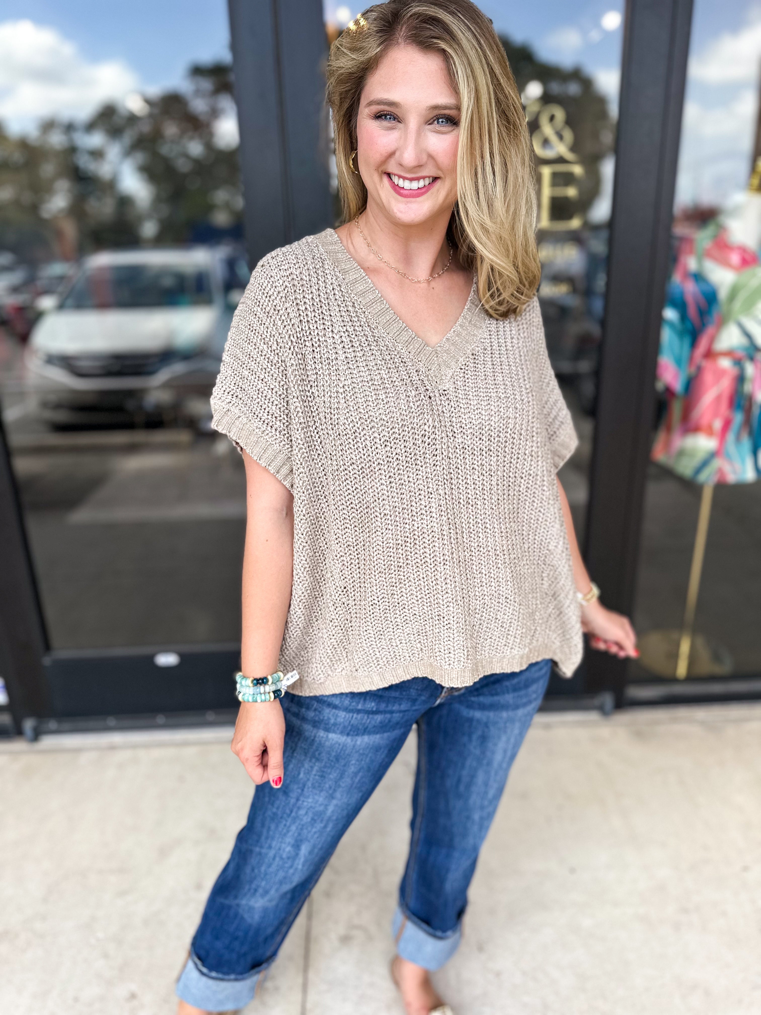 Taupe Knit Tee-230 Sweaters/Cardis-JODIFL-July & June Women's Fashion Boutique Located in San Antonio, Texas