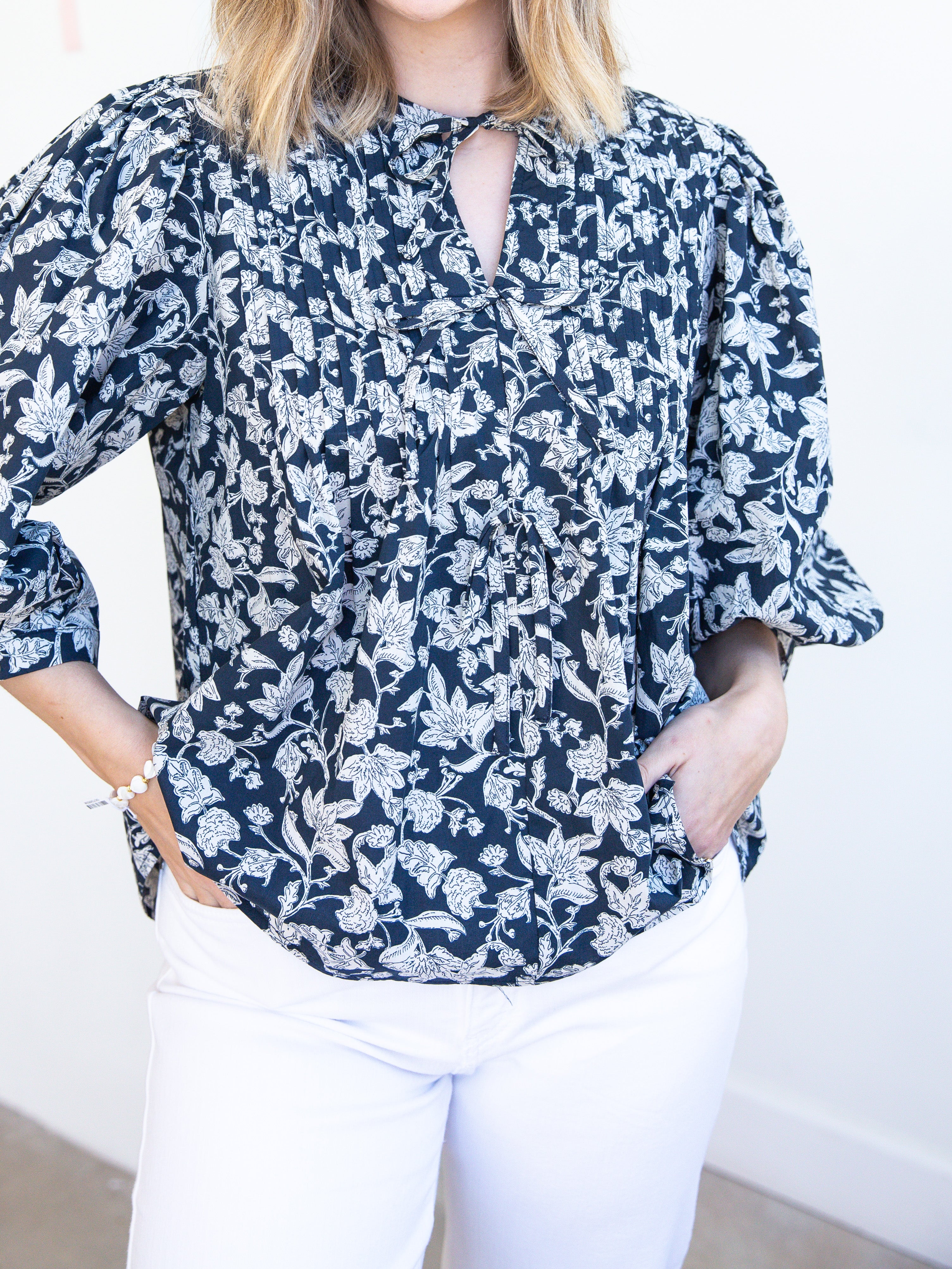 Vintage Navy Florals Blouse-200 Fashion Blouses-ENTRO-July & June Women's Fashion Boutique Located in San Antonio, Texas