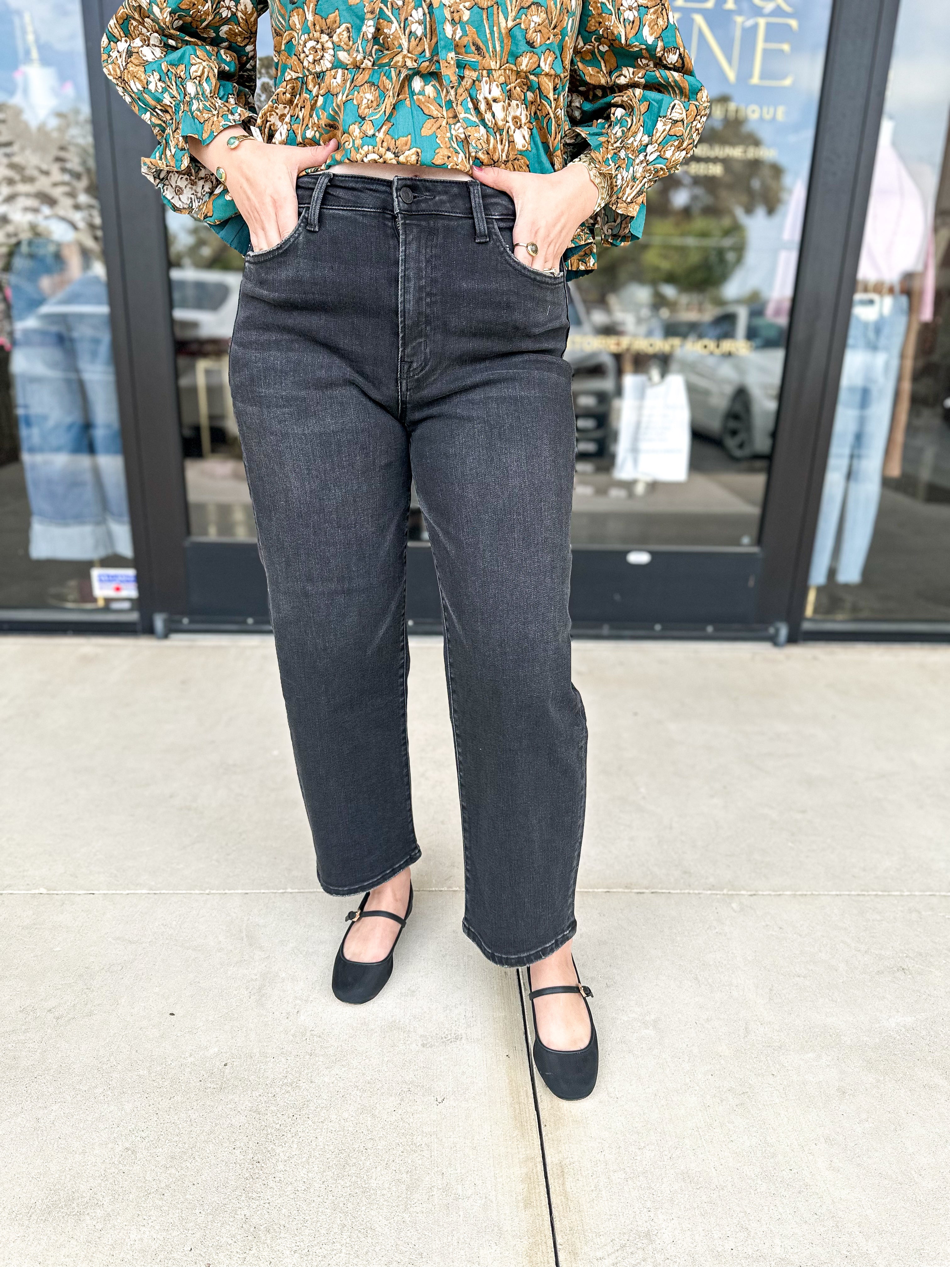 Vervet High Rise Black Barrel Jeans-400 Pants-VEVERT BY FLYING MONKEY-July & June Women's Fashion Boutique Located in San Antonio, Texas