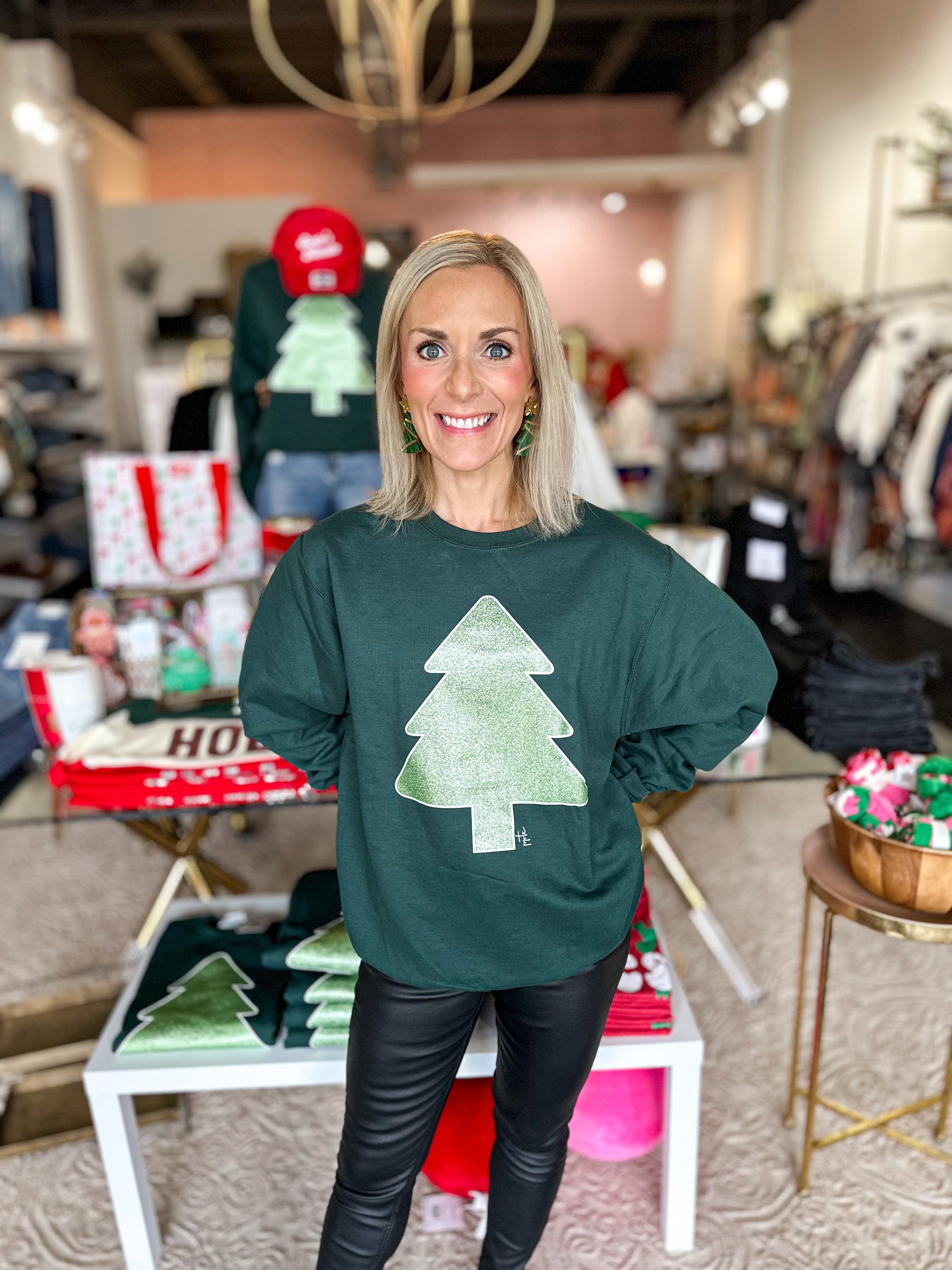 Glitter Christmas Tree Graphic Pullover-210 Casual Blouses-PPTX-July & June Women's Fashion Boutique Located in San Antonio, Texas