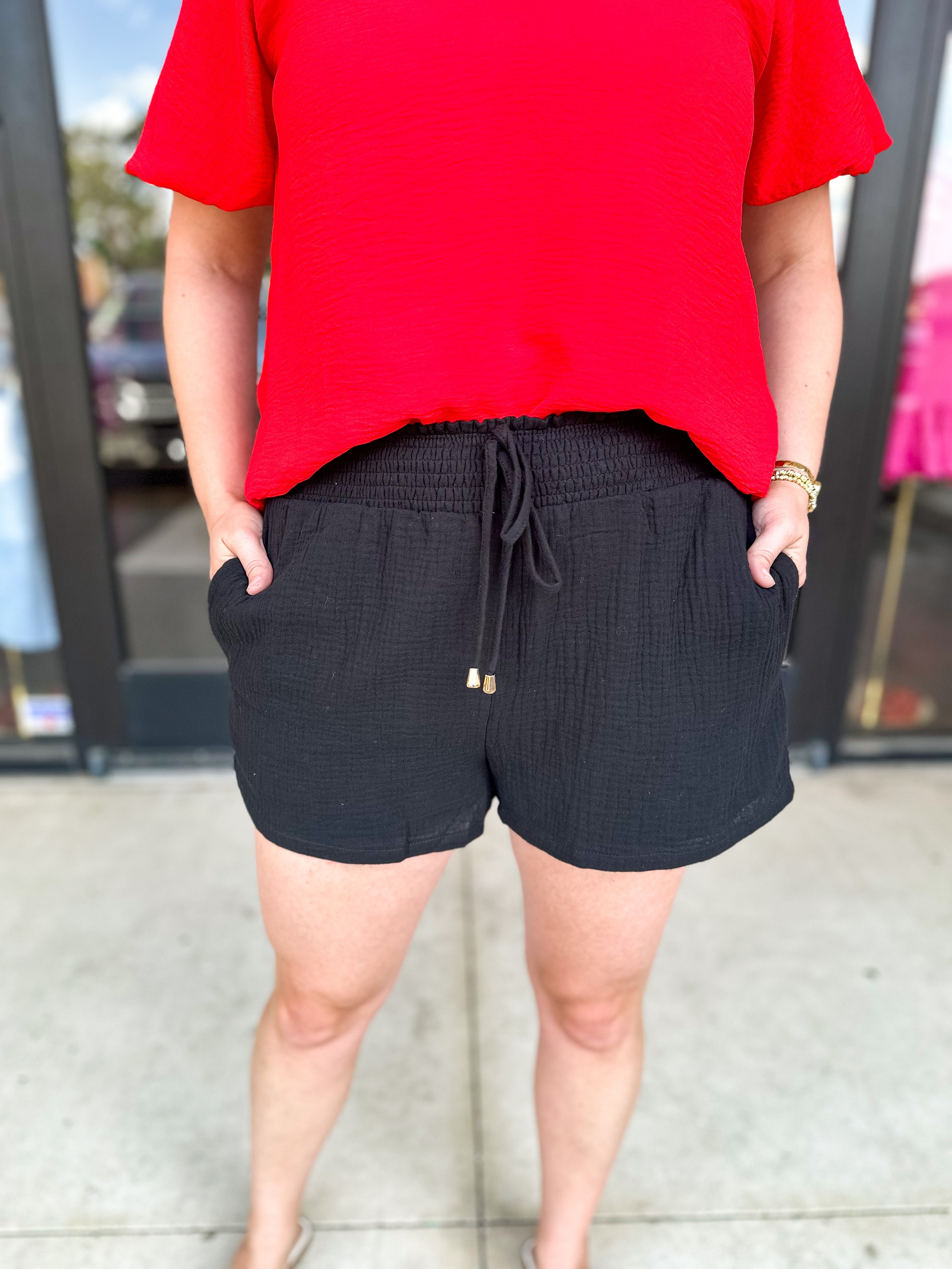 Black Gauze Shorts-410 Shorts/Skirts-ALLIE ROSE-July & June Women's Fashion Boutique Located in San Antonio, Texas
