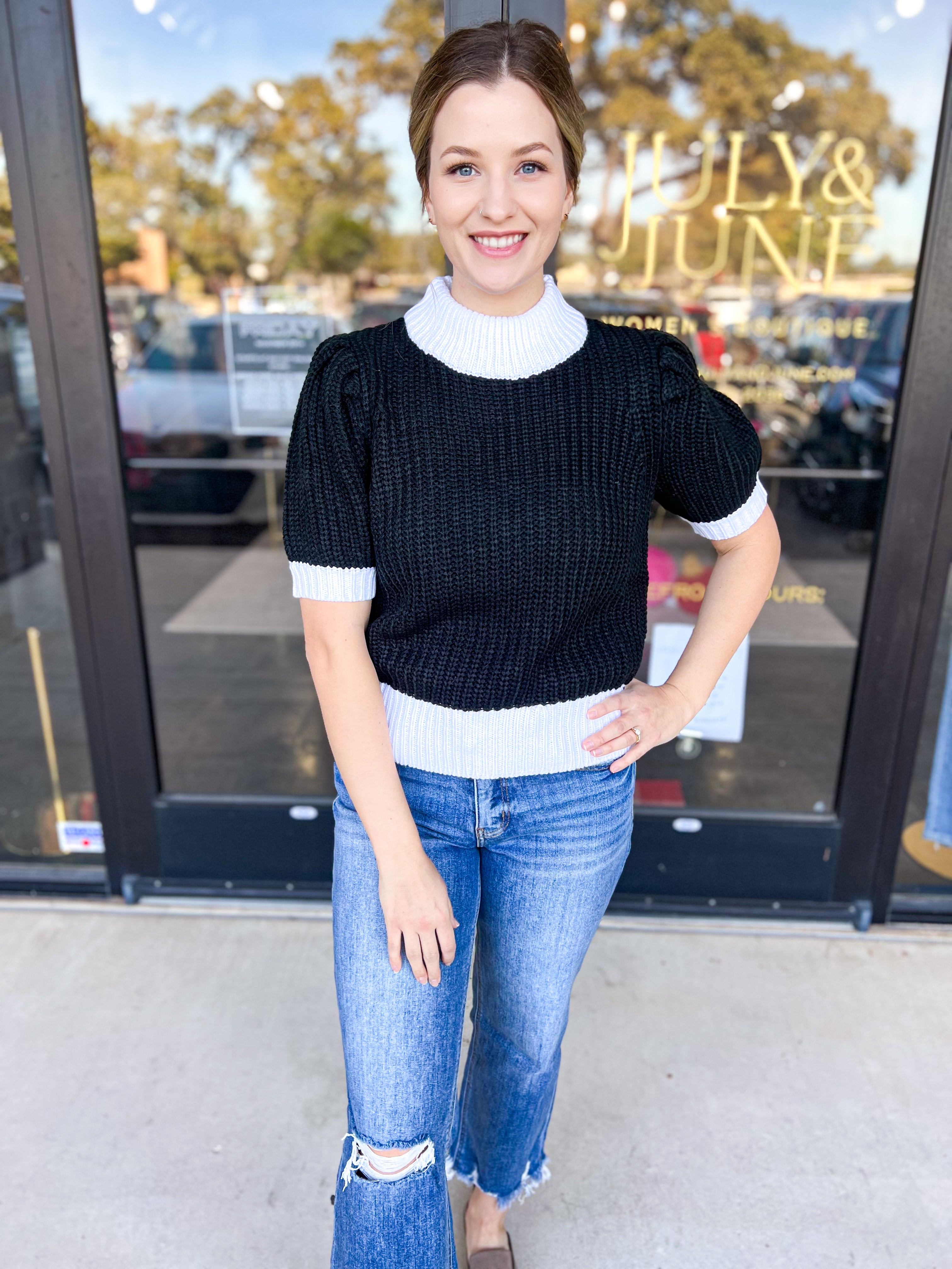 Black & White Short Sleeve Knit-230 Sweaters/Cardis-SUGARLIPS-July & June Women's Fashion Boutique Located in San Antonio, Texas