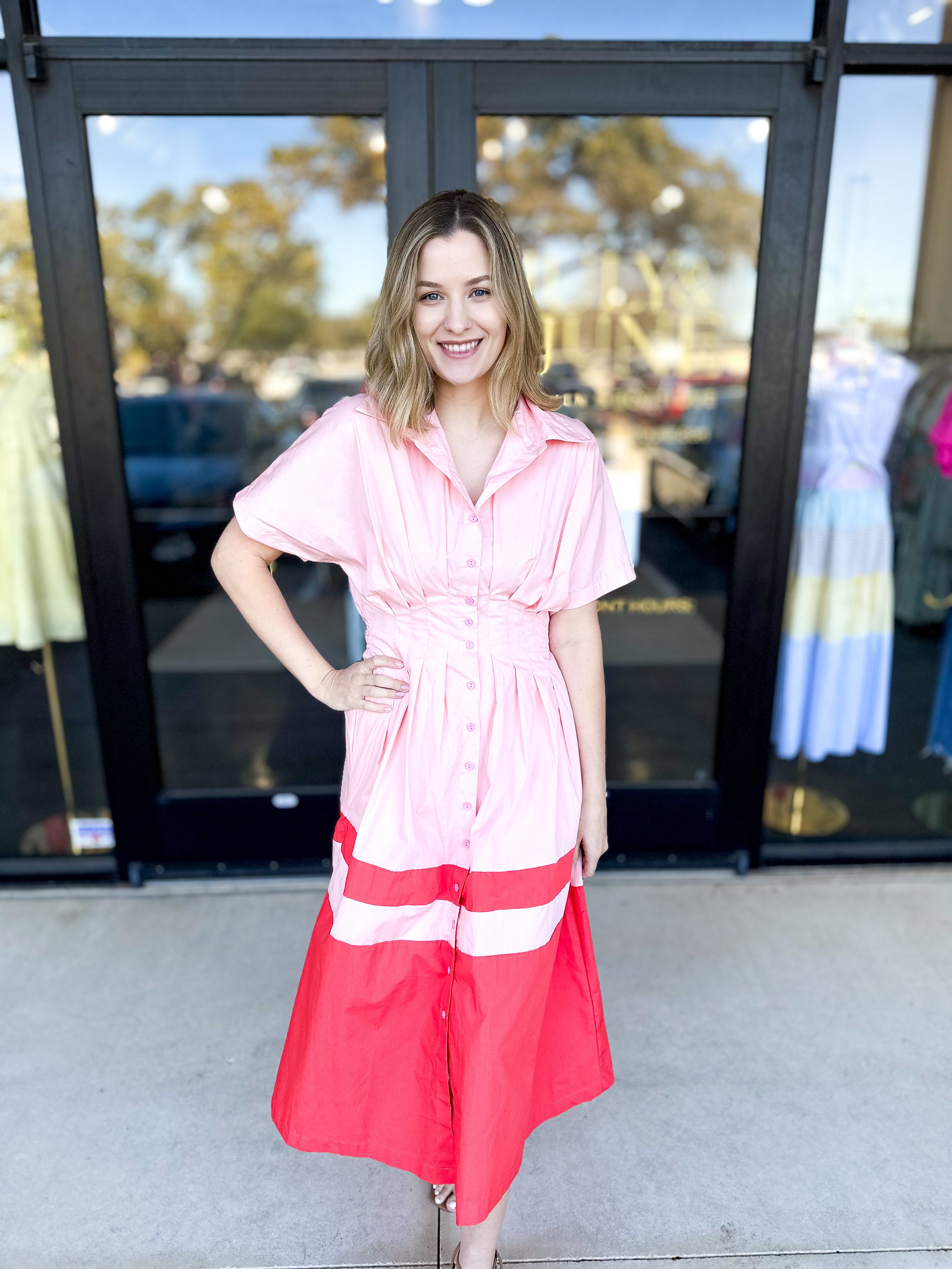 Pink & Red Contrast Midi Dress-500 Midi-&MERCI-July & June Women's Fashion Boutique Located in San Antonio, Texas