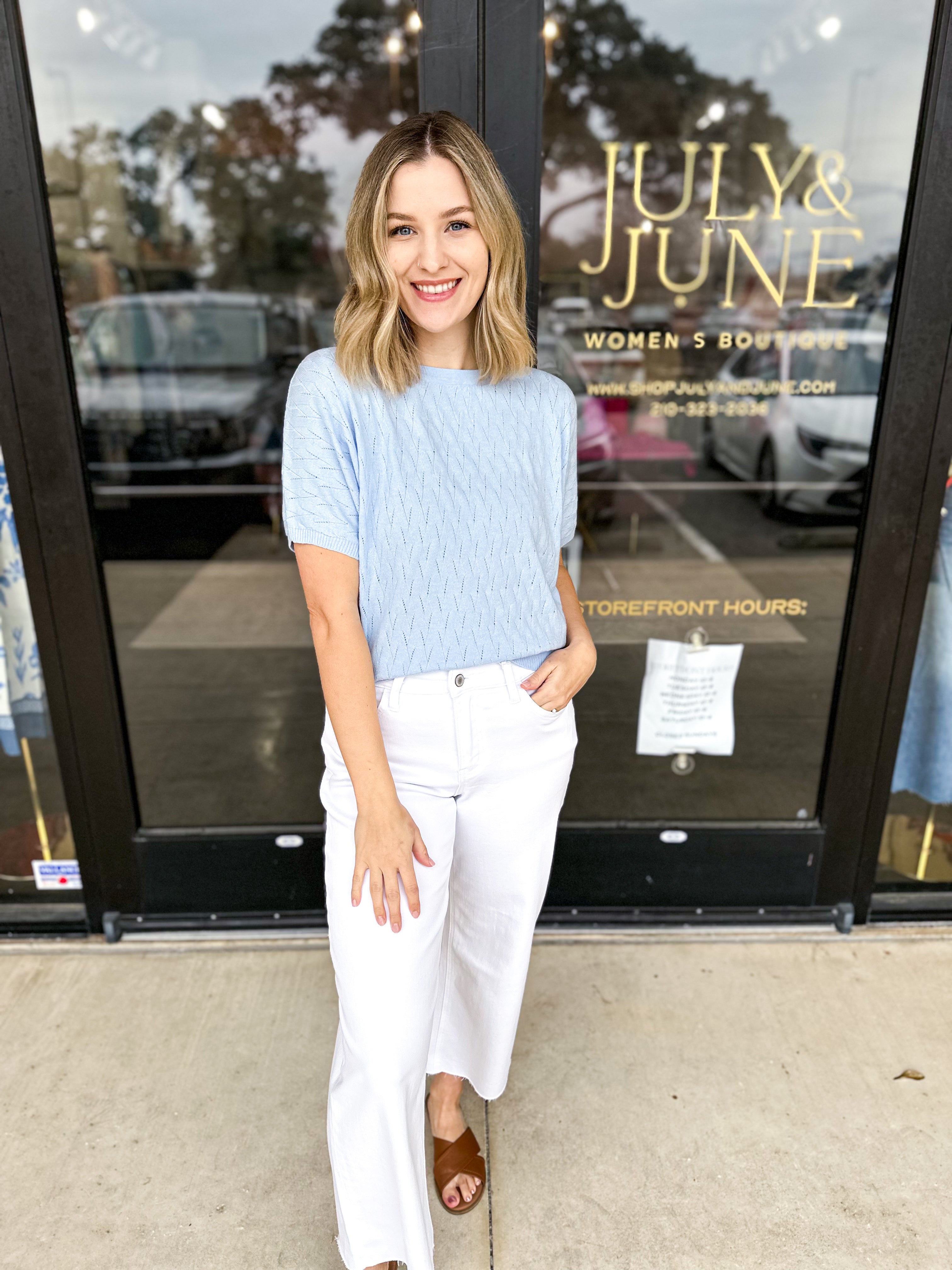 Pastel Knit Tee - Soft Blue-230 Sweaters/Cardis-ALLIE ROSE-July & June Women's Fashion Boutique Located in San Antonio, Texas