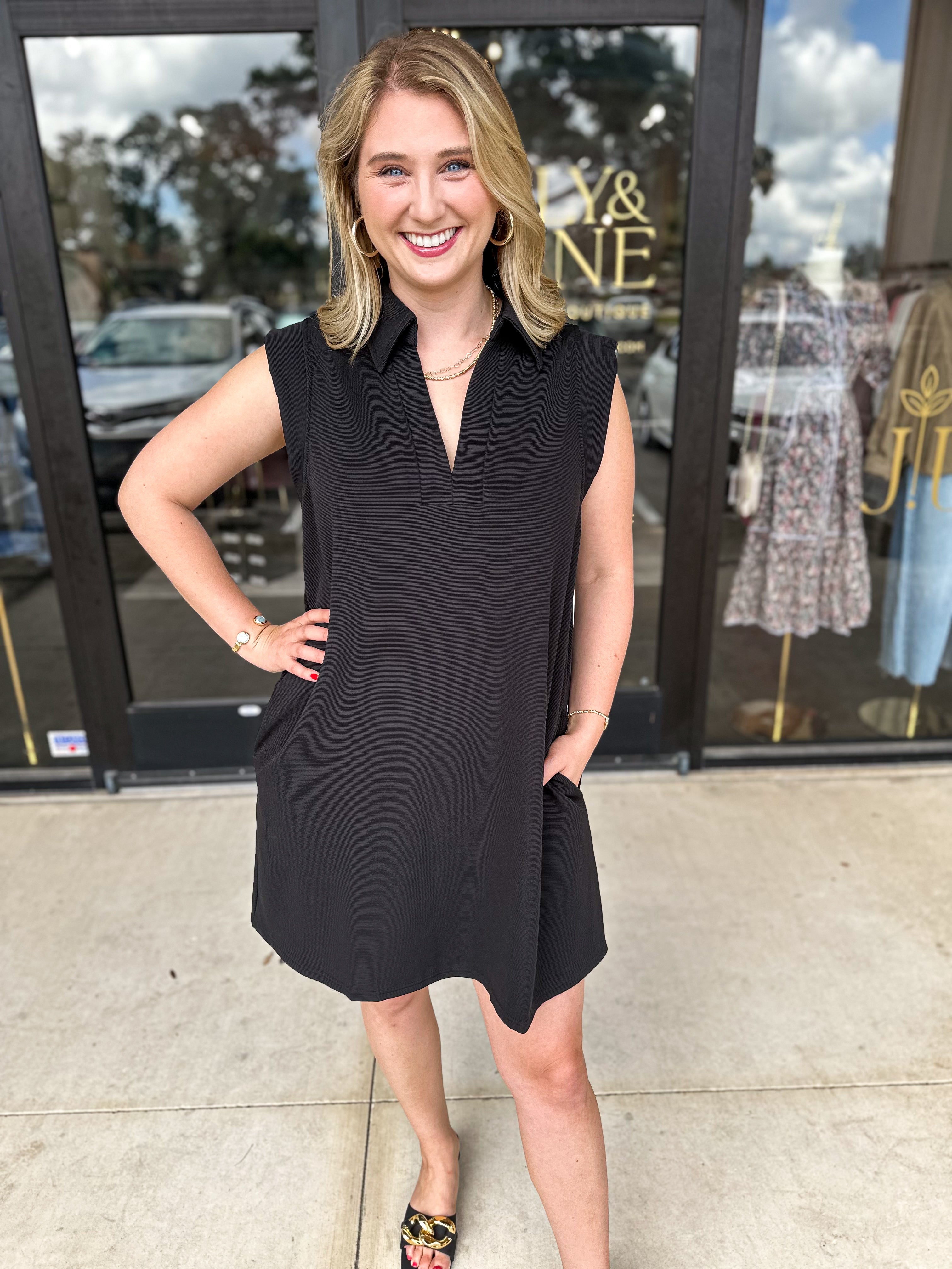 Collared Mini Dress - Black-510 Mini-ENTRO-July & June Women's Fashion Boutique Located in San Antonio, Texas