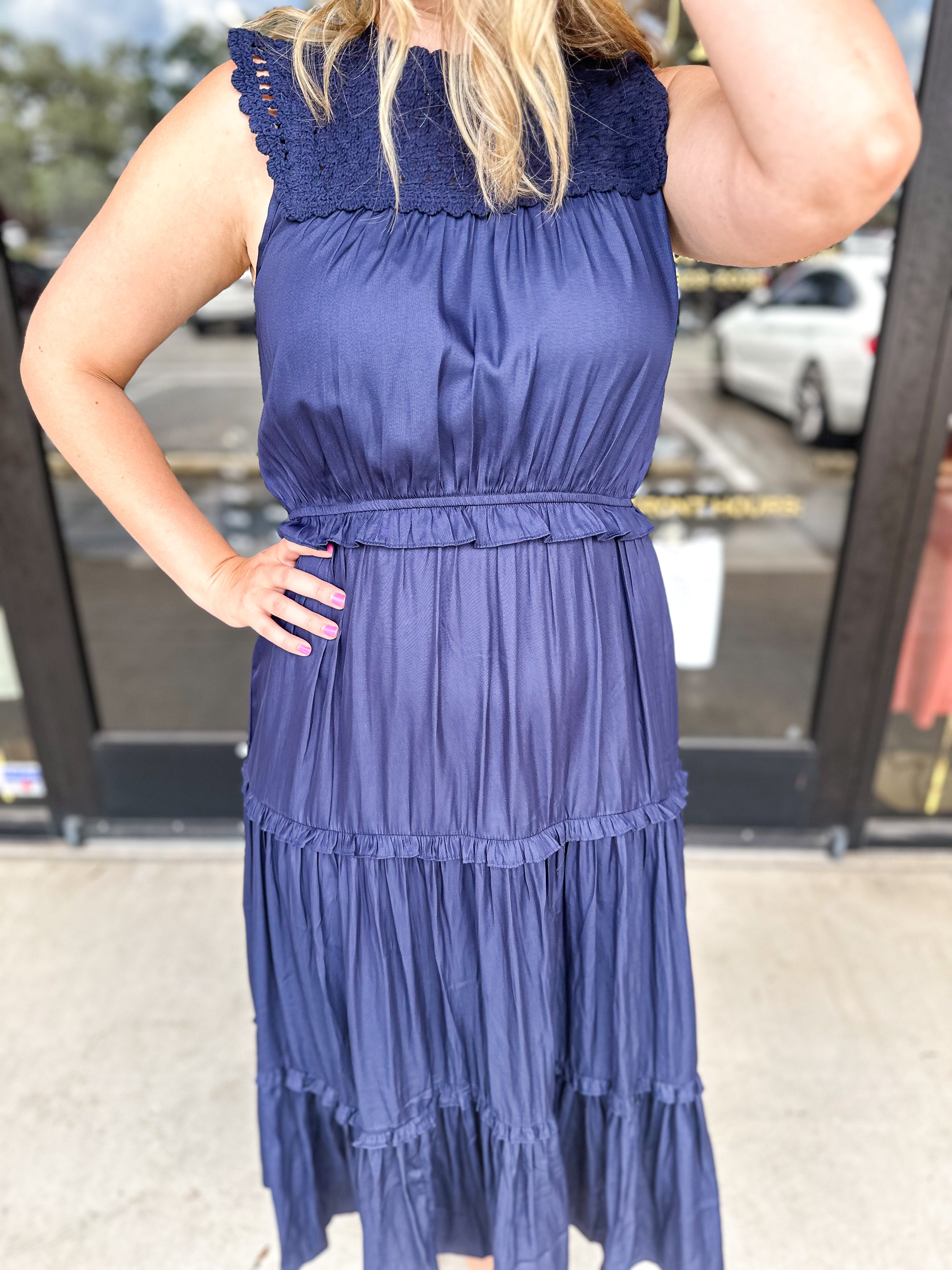 Crochet Midi Dress - Navy-500 Midi-SKIES ARE BLUE-July & June Women's Fashion Boutique Located in San Antonio, Texas