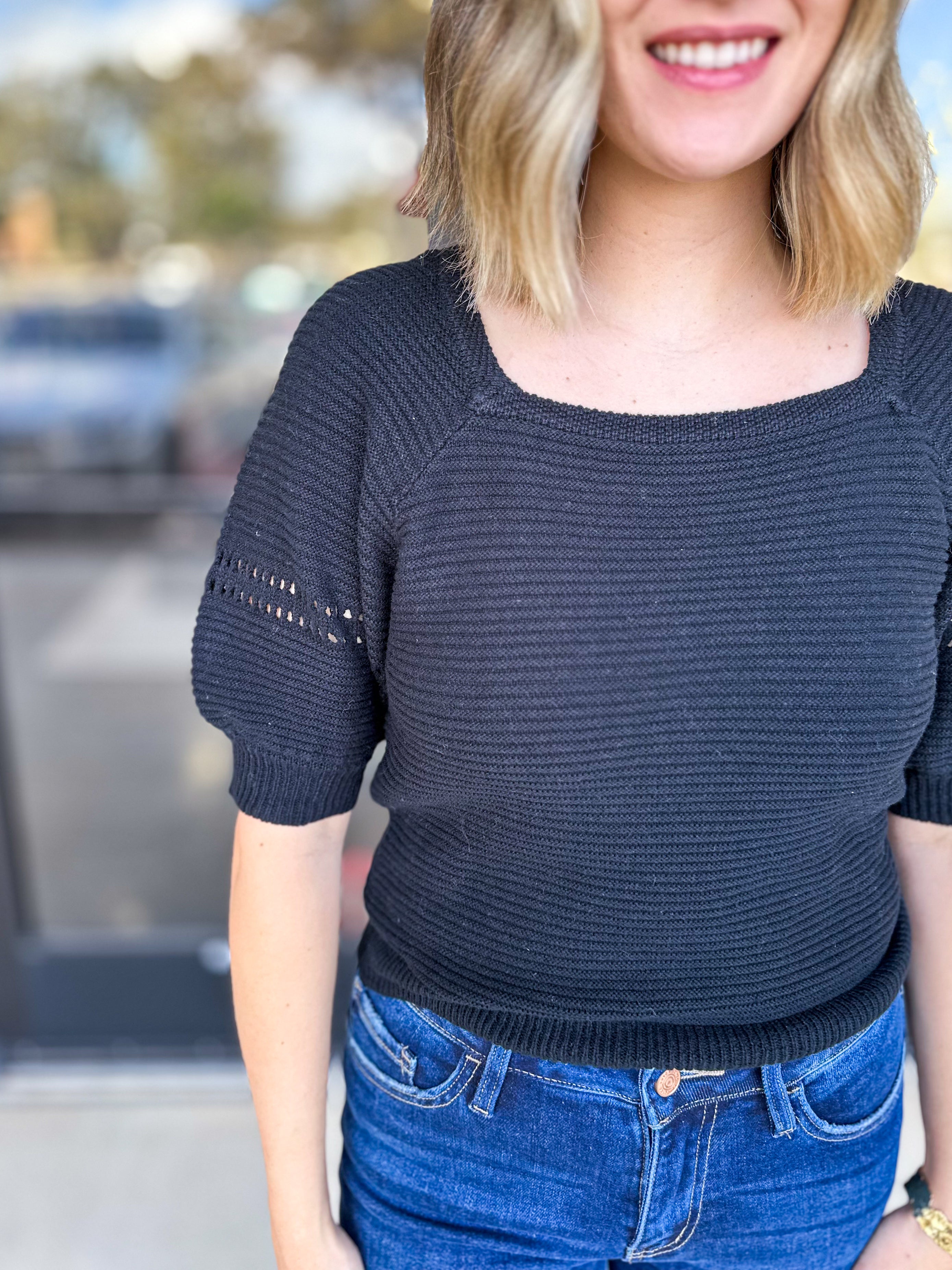 Black Puff Sleeve Sweater-PINK FRIDAY DOORBUSTER- ONLINE-PINK FRIDAY DOORBUSTERS-SKIES ARE BLUE-July & June Women's Fashion Boutique Located in San Antonio, Texas